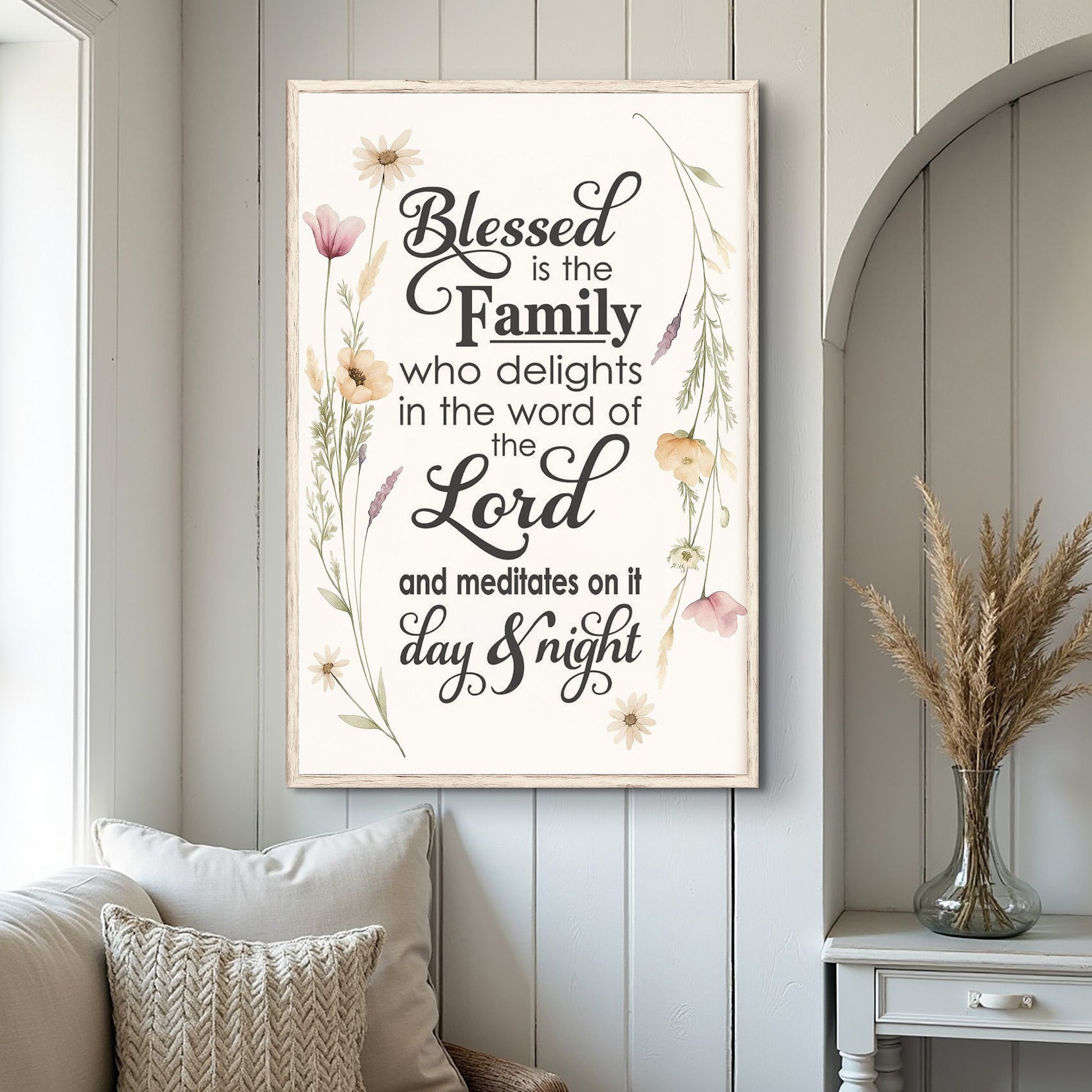 Blessed Is The Family Faith Sign canvas Tailored Canvases with pastel floral border on Tampa Home & Garden Store