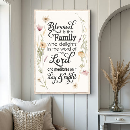 Blessed Is The Family Faith Sign canvas Tailored Canvases with pastel floral border on Tampa Home & Garden Store