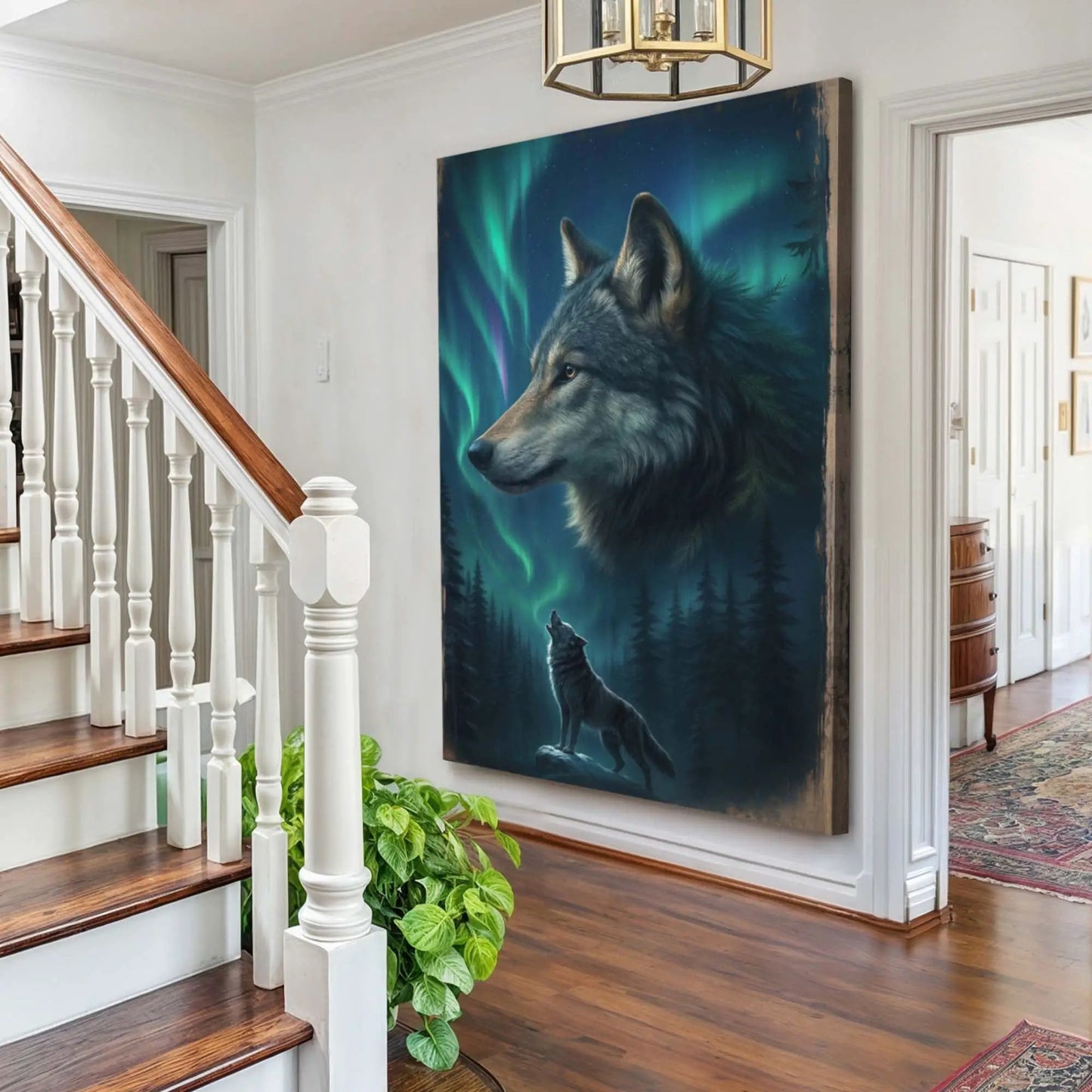 Wolf Double Exposure Wall Art IV canvas by Tailored Canvases, wolf head with aurora backdrop on Tampa Home & Garden Store