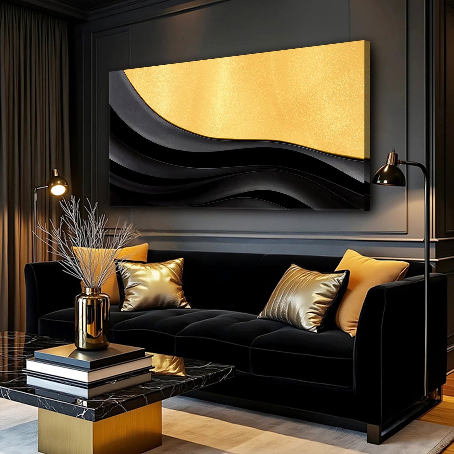 Canvas Black Gold Minimalist Abstract VIII by Tailored Canvases with black and gold curves on Tampa Home & Garden Store