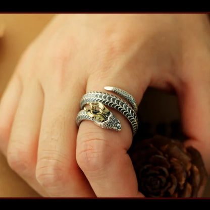 Draco Coil Ring by BikerZoneZ, silver serpentine ring with gold dragon head accent on Tampa Home & Garden Store