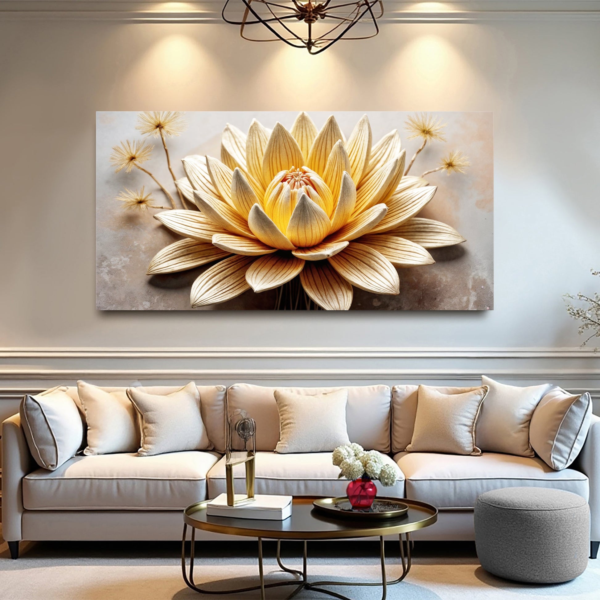 Golden Lotus Minimalist Abstract Wall Art II canvas with warm yellow petals on Tampa Home & Garden Store