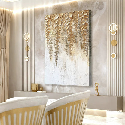 Golden Wisteria Wall Art canvas by Tailored Canvases with gold-leaf leaves on beige backdrop on Tampa Home & Garden Store