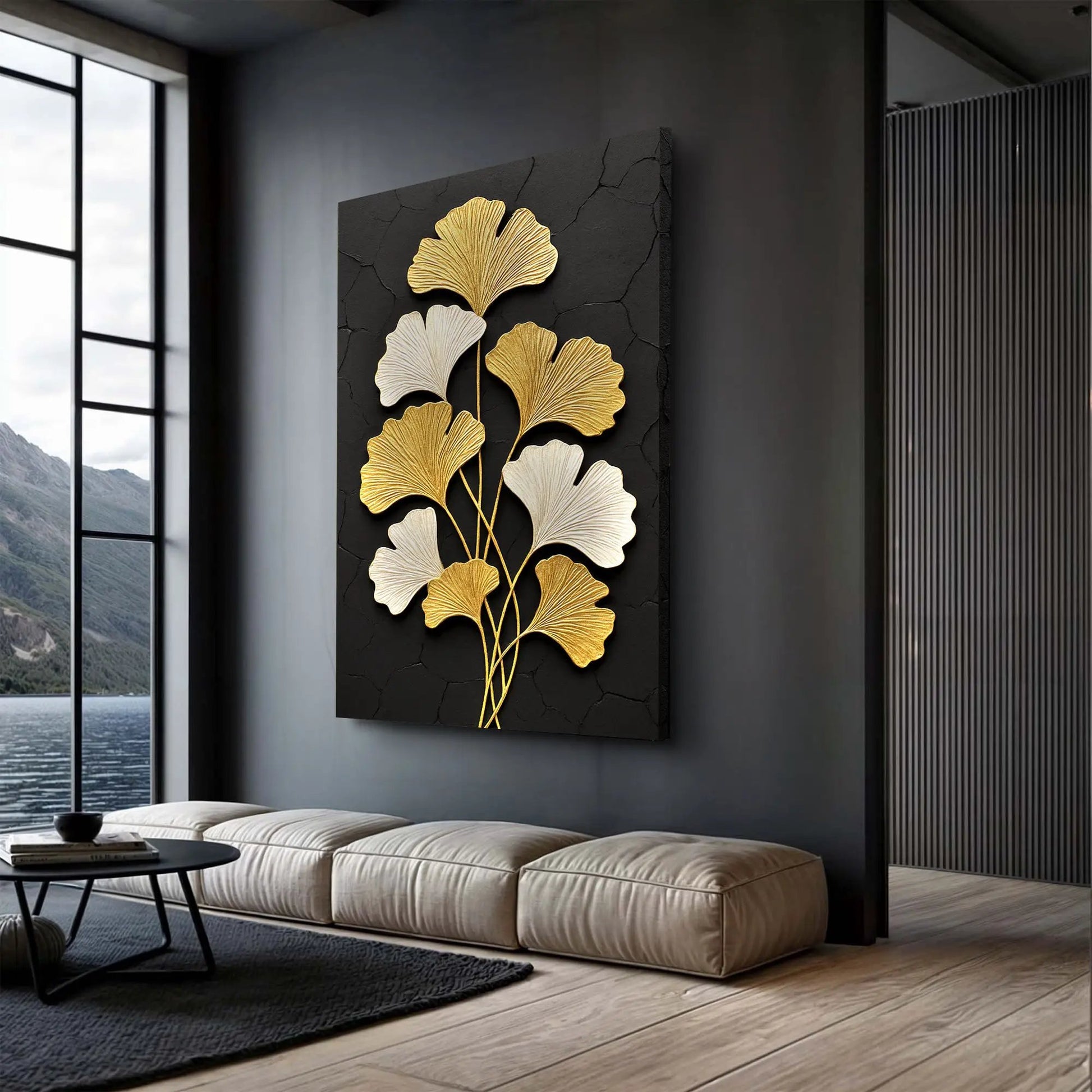 Golden Ginkgo Wall Art canvas by Tailored Canvases with gold leaves on textured black panel on Tampa Home & Garden Store