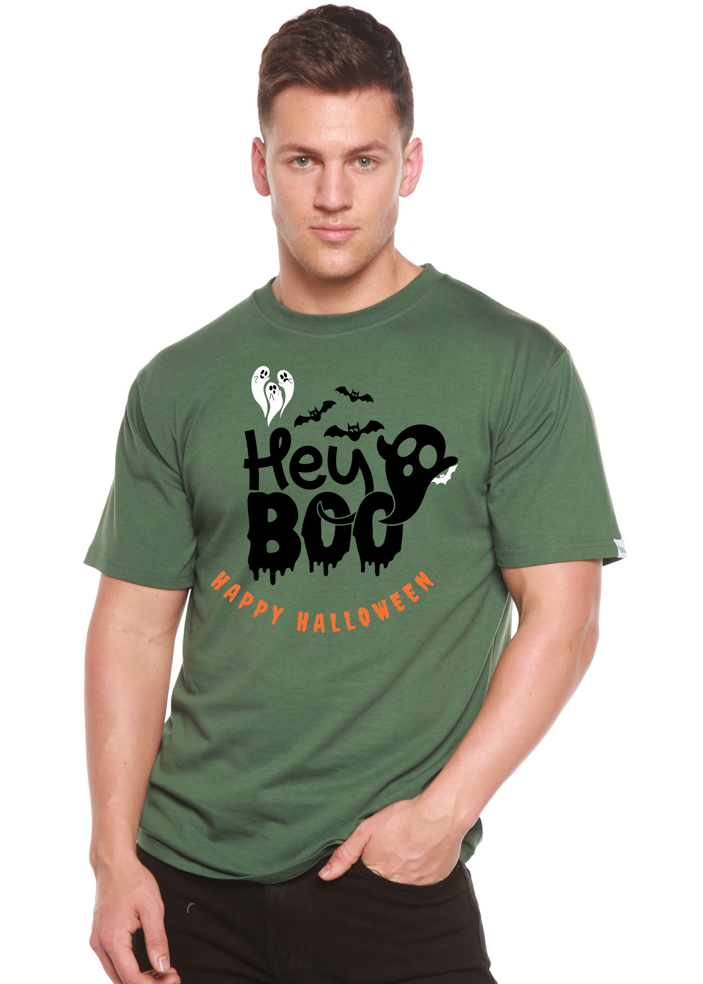 Hey Boo men's bamboo graphic tee in green with Halloween ghosts and bats by Spun Bamboo on Tampa Home & Garden Store