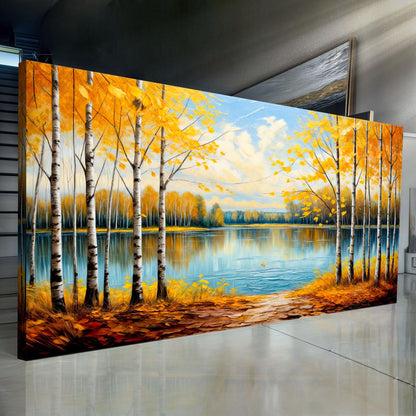 Autumn Whispers Wall Art crafting canvas triptych birch trees with leaves over blue lake on Tampa Home & Garden Store