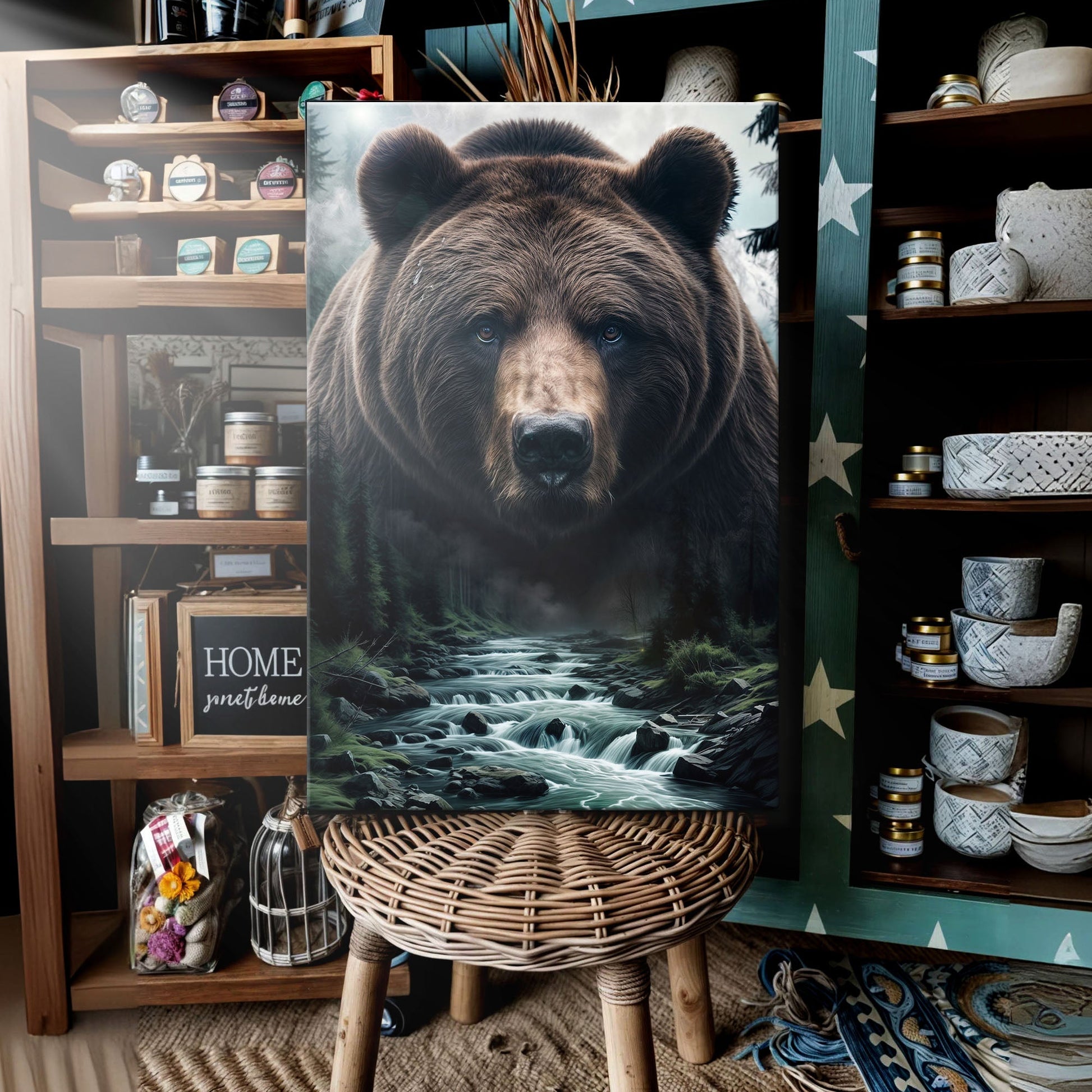 Grizzly Bear Double Exposure Canvas art close-up bear portrait over forest river scene on Tampa Home & Garden Store