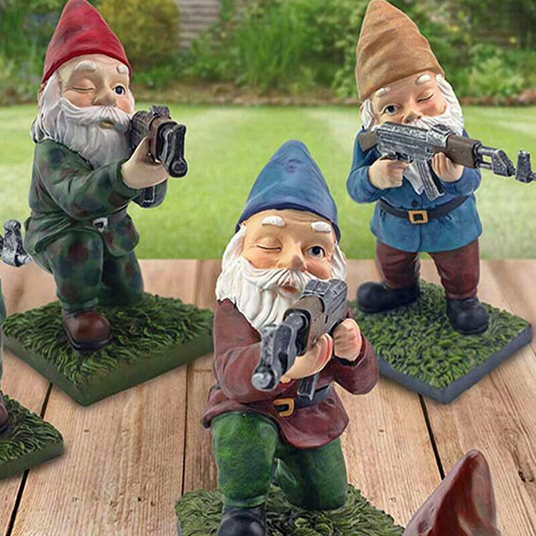 Military Garden Gnome Statue set of 3 gnomes with rifles on mossy bases on Tampa Home & Garden Store