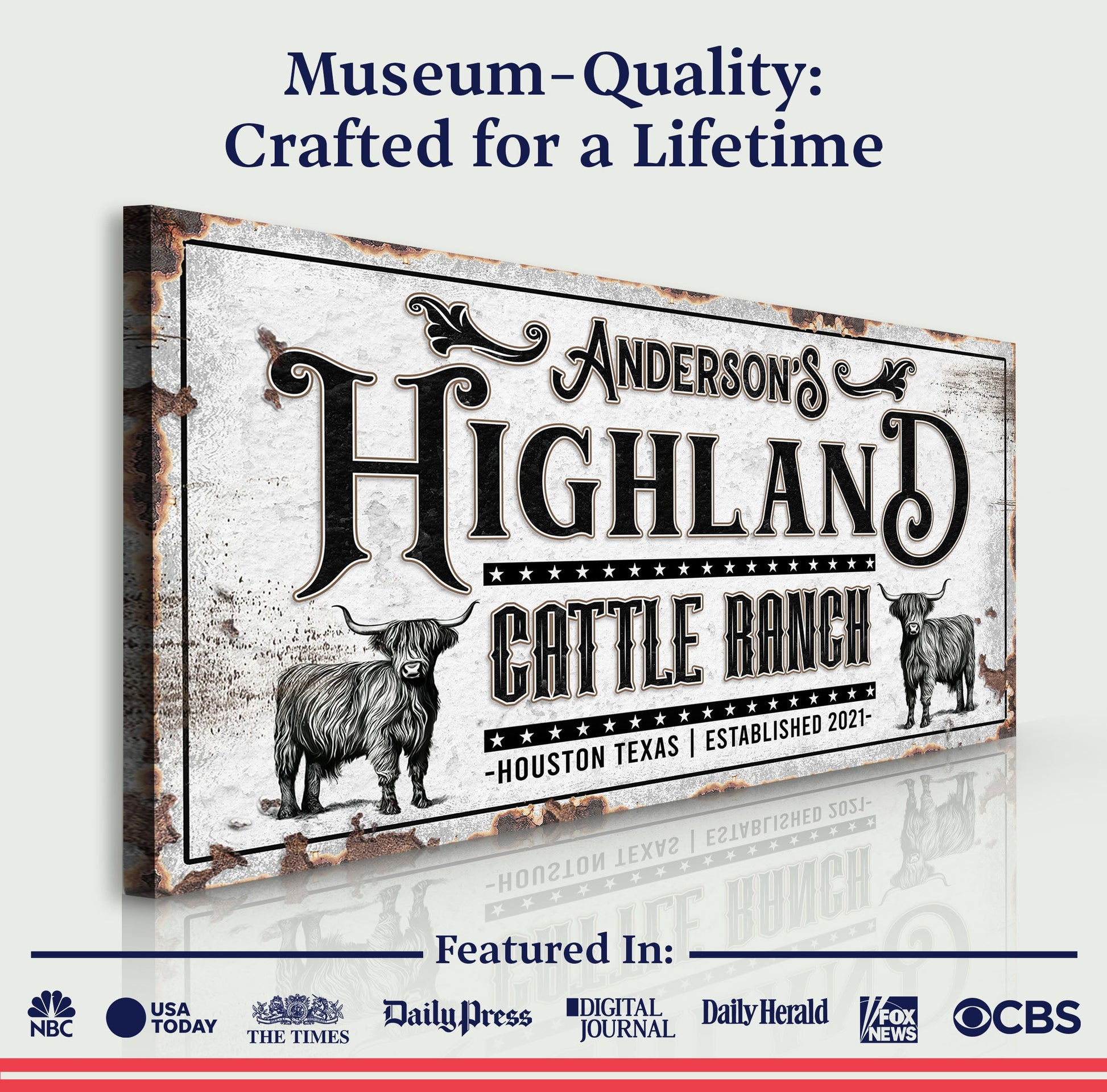 Personalized Highland Cattle Ranch Sign II canvas by Tailored Canvases with vintage rustic look on Tampa Home & Garden Store