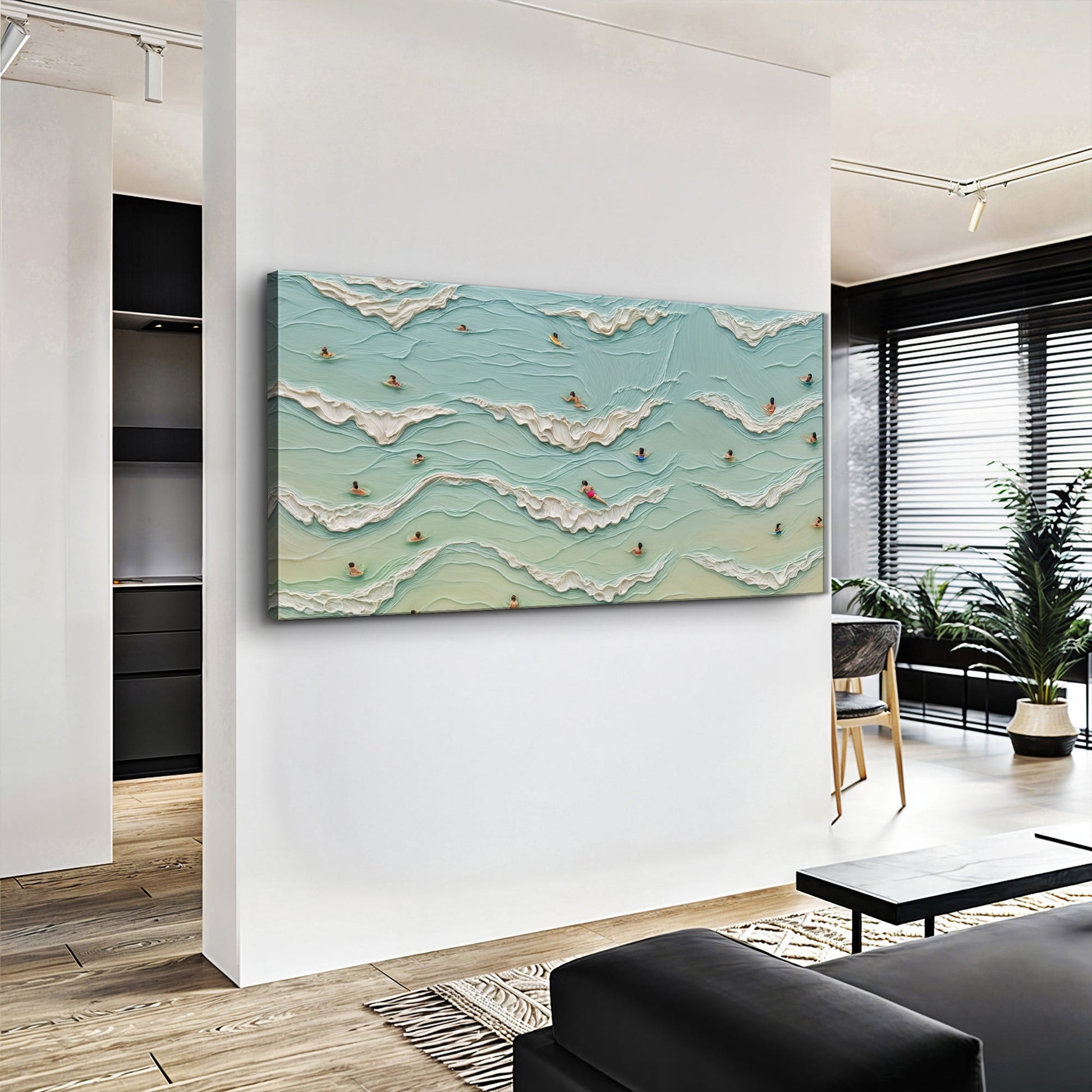 Beach Days Wall Art II canvas by Tailored Canvases featuring teal ocean waves and surfers on Tampa Home & Garden Store