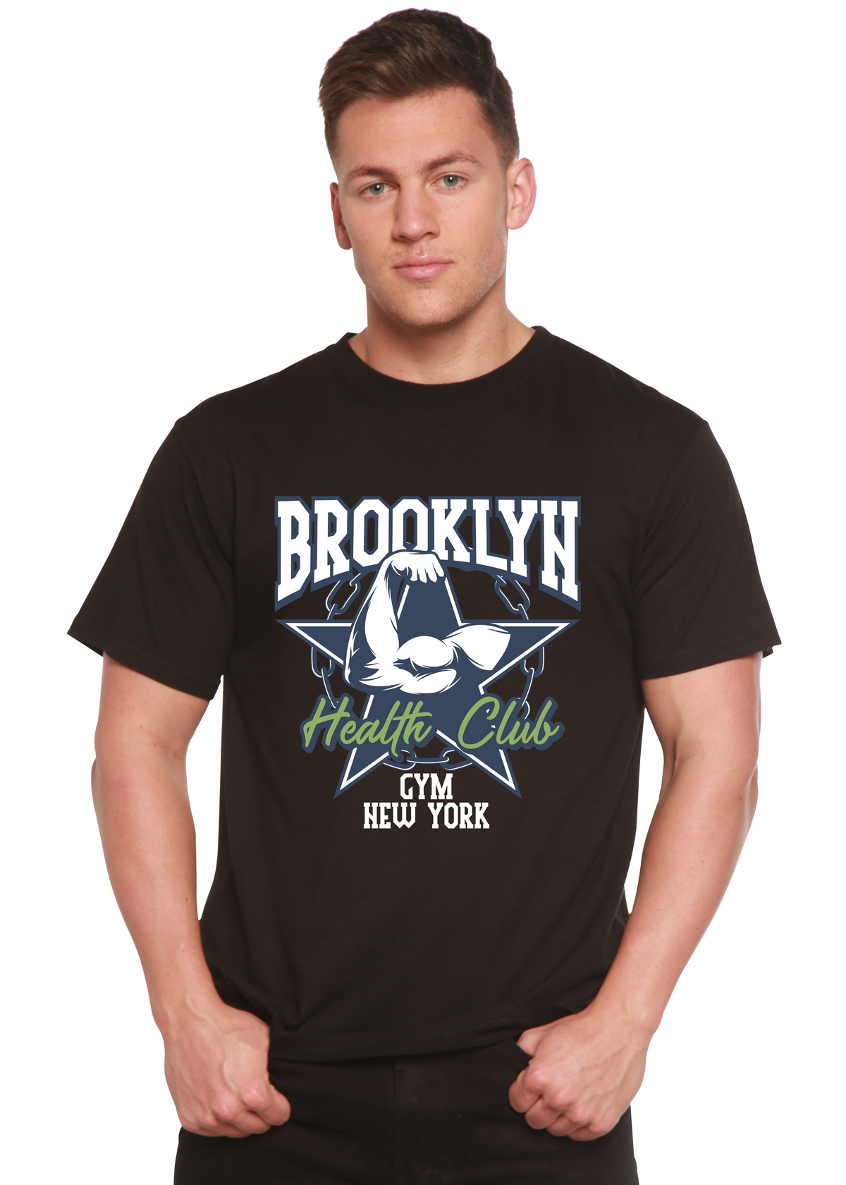 Brooklyn Health Club men's bamboo viscose/organic cotton graphic tee, black with gym motif on Tampa Home & Garden Store