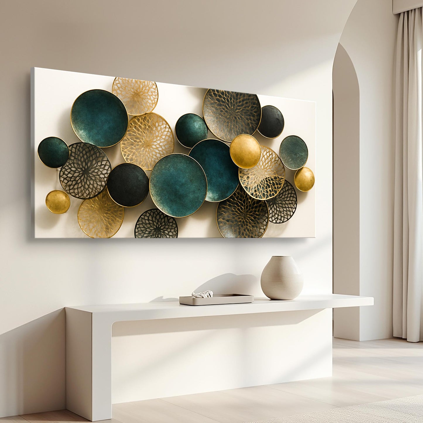 Lotus Leaf Abstract Wall Art VIII canvas with teal and gold circular discs on Tampa Home & Garden Store