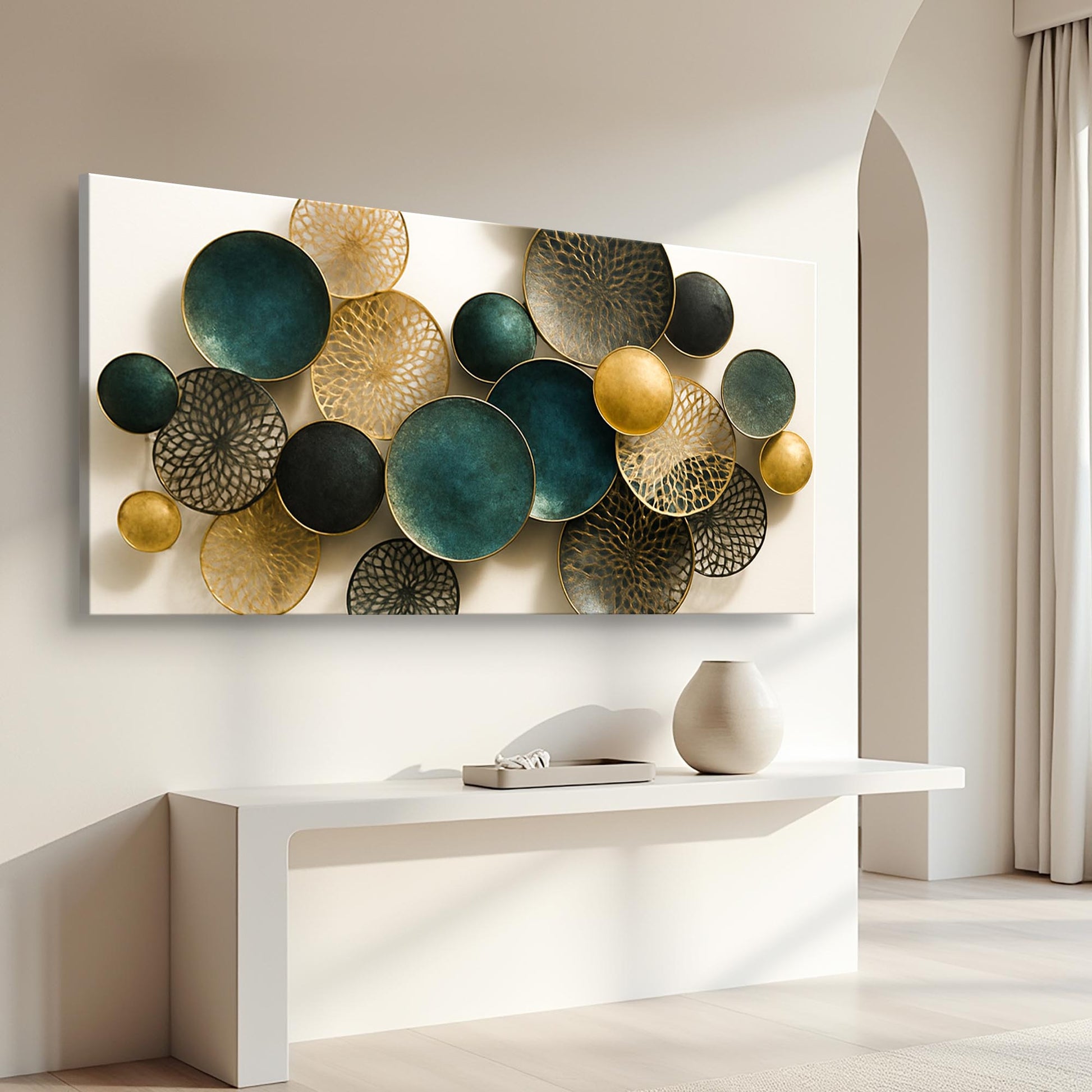 Lotus Leaf Abstract Wall Art VIII canvas with teal and gold circular discs on Tampa Home & Garden Store