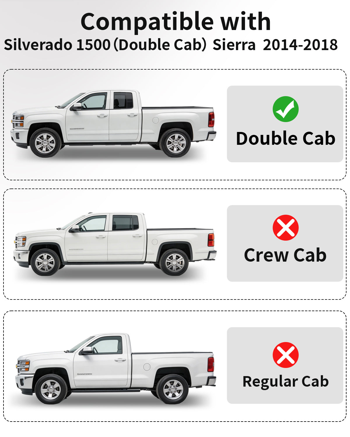 Umbrauto truck floor mats compatibility: Double Cab Silverado/Sierra 2014–2018 with check on Tampa Home & Garden Store
Umbrauto truck floor mats: Crew Cab not compatible 3 cab variants on Tampa Home & Garden Store
Umbrauto truck floor mats: Regular Cab not compatible 3 cab variants on Tampa Home & Garden Store