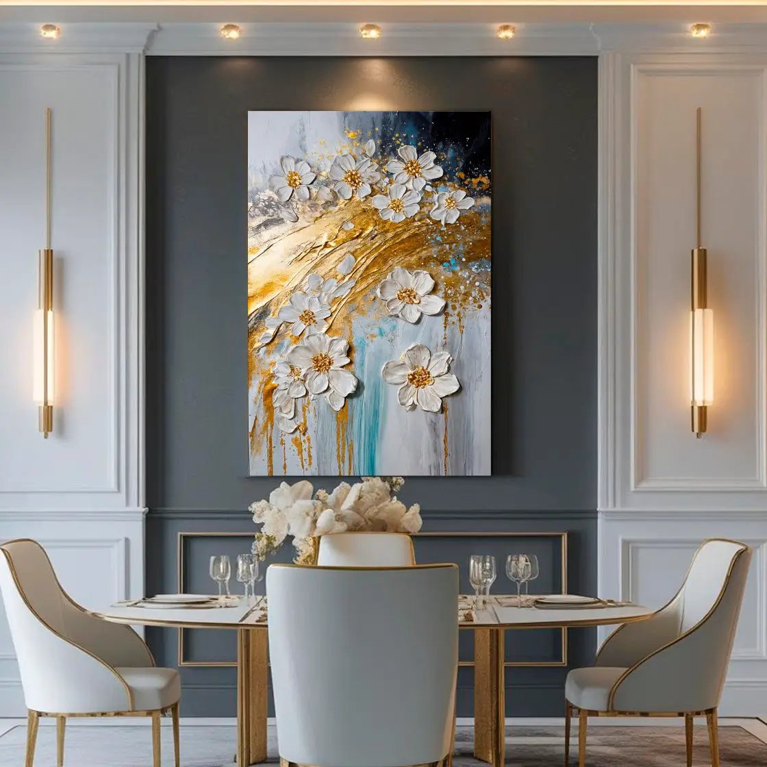 Abstract Gold Floral Wall Art canvas by Tailored Canvases gold/blue background with flowers on Tampa Home & Garden Store
