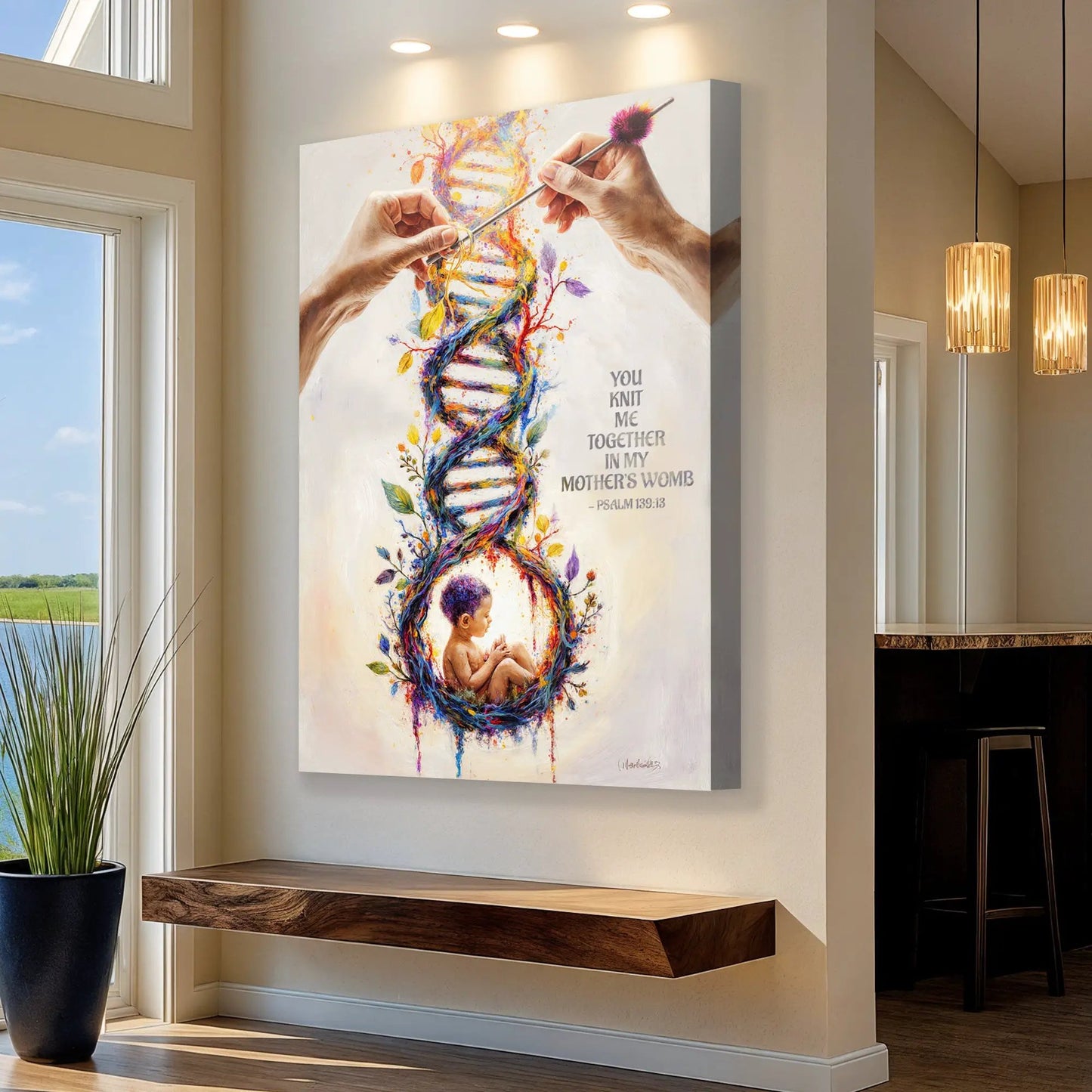 Canvas wall art Psalm 139:13 faith sign with colorful DNA-inspired swirl and baby figure on Tampa Home & Garden Store