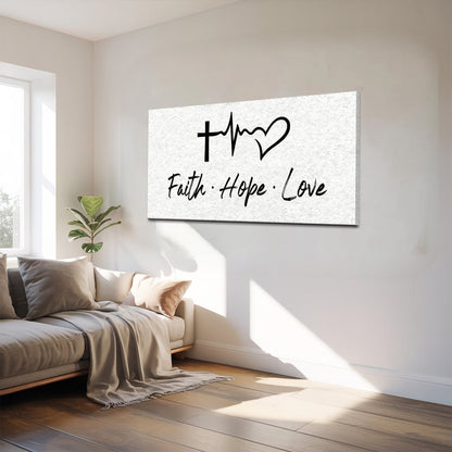 Canvas wall art Faith Hope Love in black script on white textured background Tailored Canvases on Tampa Home & Garden Store