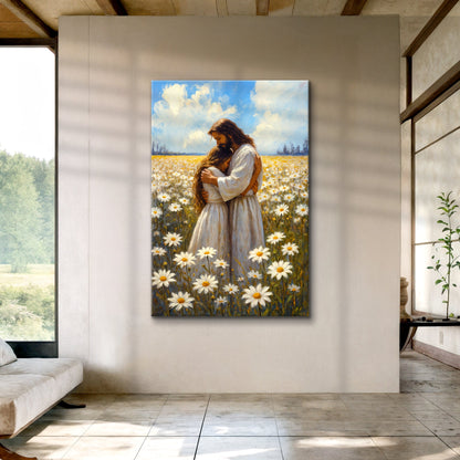 Jesus Hugging Woman Faith Wall Art canvas by Tailored Canvases daisies field under blue sky on Tampa Home & Garden Store