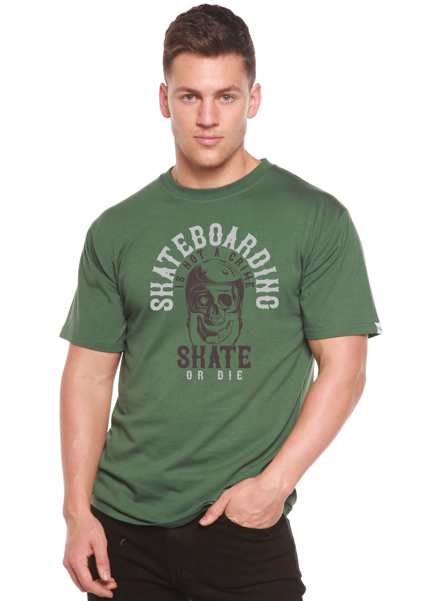 Mens green skateboard graphic T-shirt in bamboo viscose/organic cotton by Spun Bamboo on Tampa Home & Garden Store