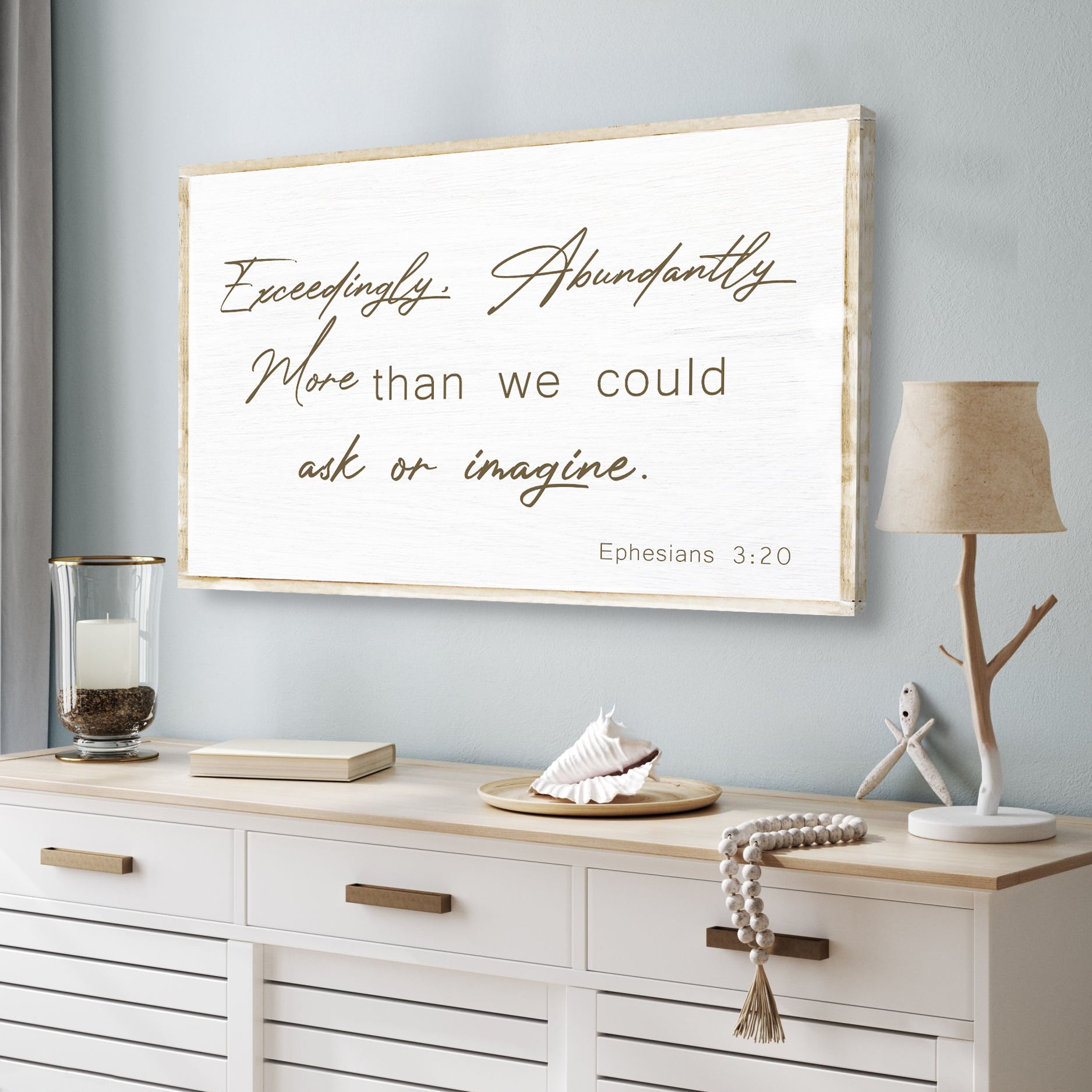 Ephesians 3:20 Farmhouse Faith Sign II canvas by Tailored Canvases with whitewashed frame on Tampa Home & Garden Store