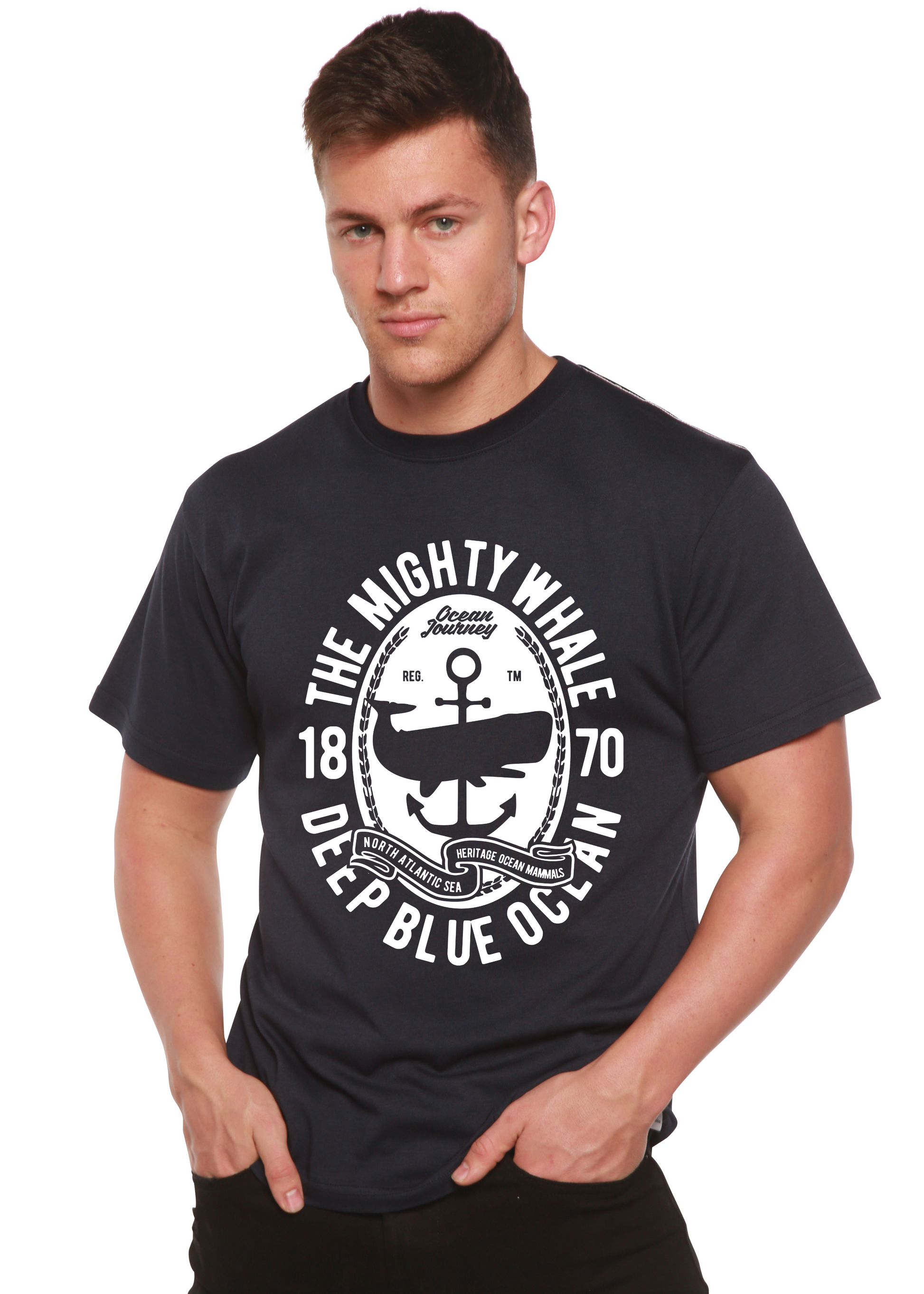 The Mighty Spun Bamboo navy short sleeve graphic T-shirt with circular print on Tampa Home & Garden Store