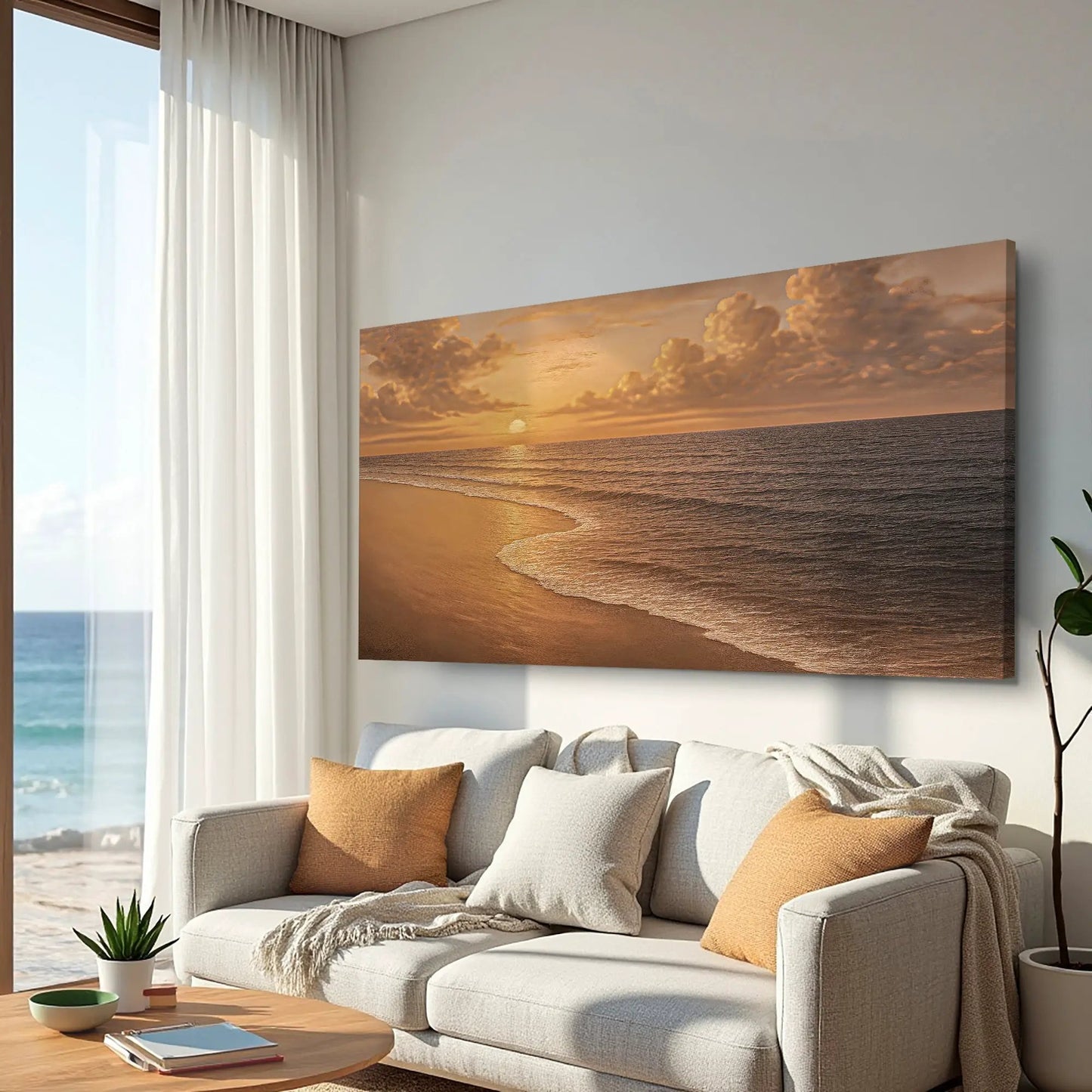 Beach Shoreline Coastal Wall Art VIII canvas triptych by Tailored Canvases, warm sunset over ocean on Tampa Home & Garden Store
