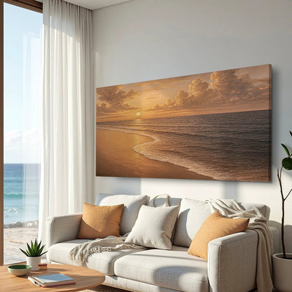 Beach Shoreline Coastal Wall Art VIII canvas triptych by Tailored Canvases, warm sunset over ocean on Tampa Home & Garden Store