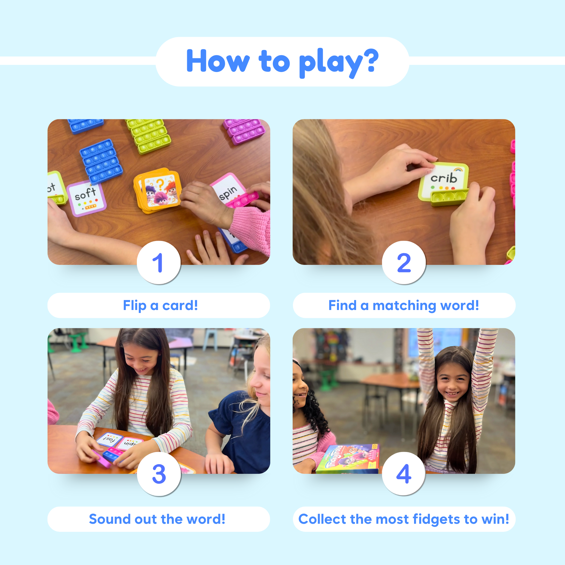 Tricky Trolls toy by The Fidget Games; two cards show kids using word cards and fidgets on Tampa Home & Garden Store