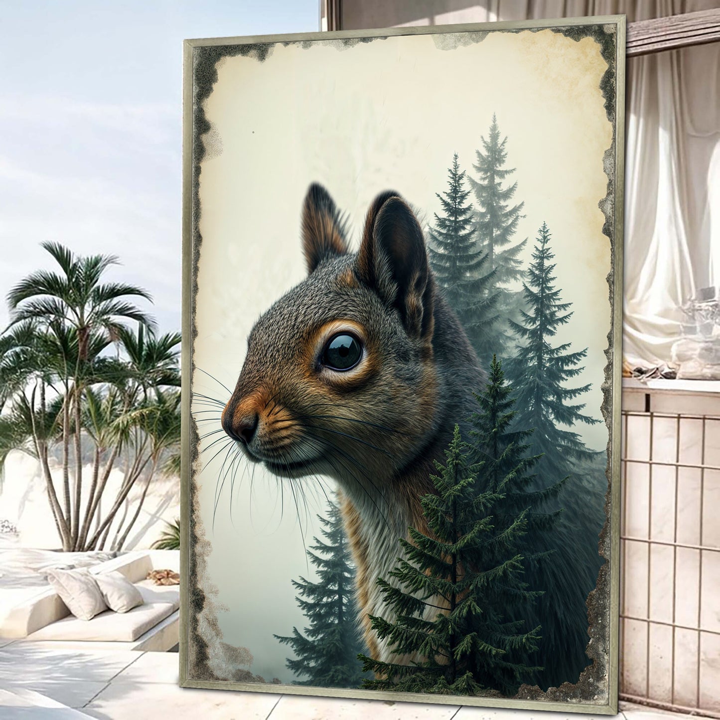 Framed canvas Squirrel Double Exposure Wall Art by Tailored Canvases with forest backdrop on Tampa Home & Garden Store