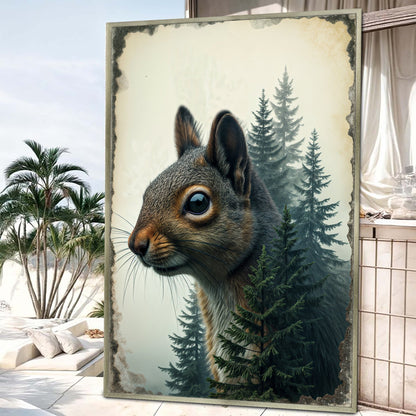 Framed canvas Squirrel Double Exposure Wall Art by Tailored Canvases with forest backdrop on Tampa Home & Garden Store
