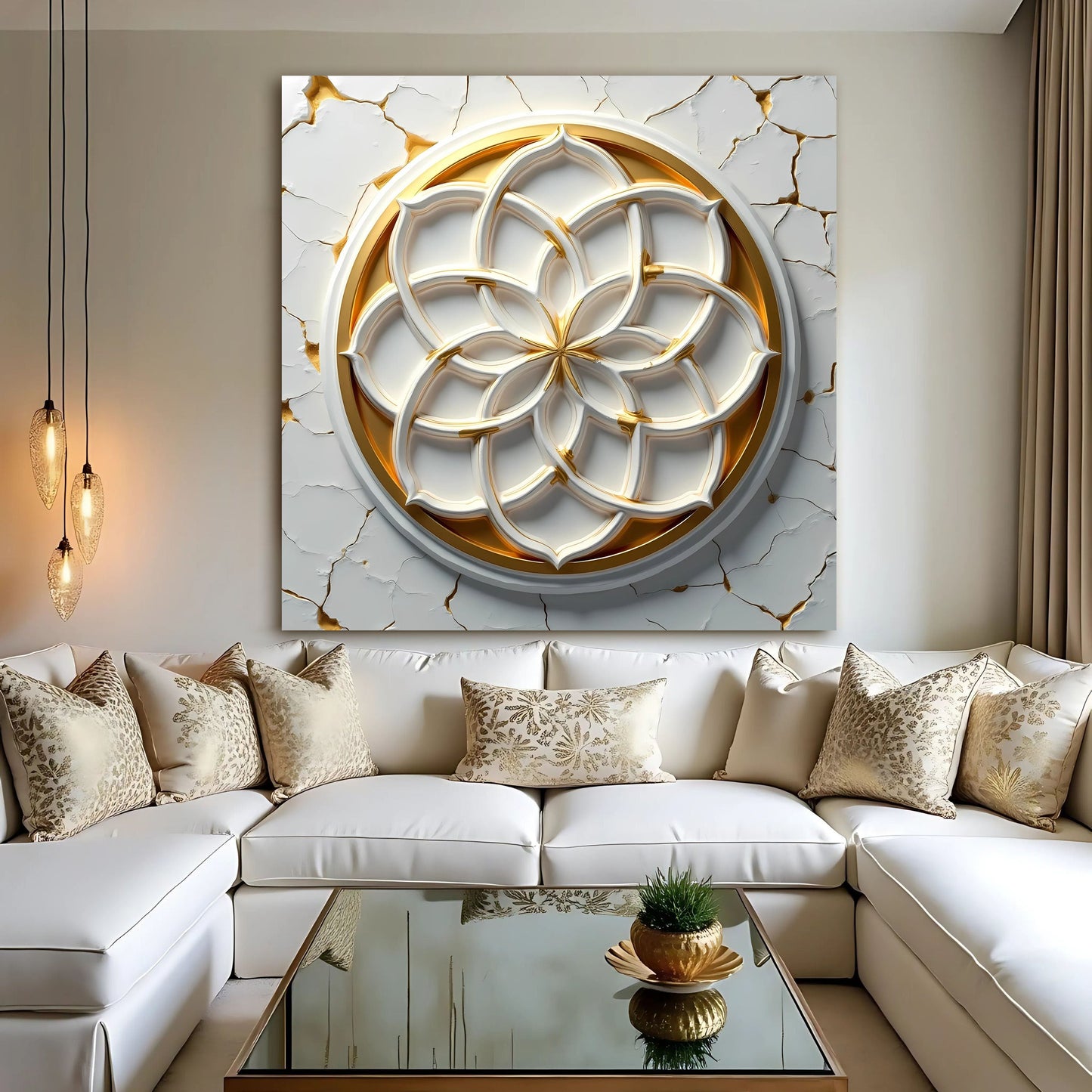 Flower Of Life canvas wall art by Tailored Canvases featuring white and gold 3D relief on marble backdrop on Tampa Home & Garden Store