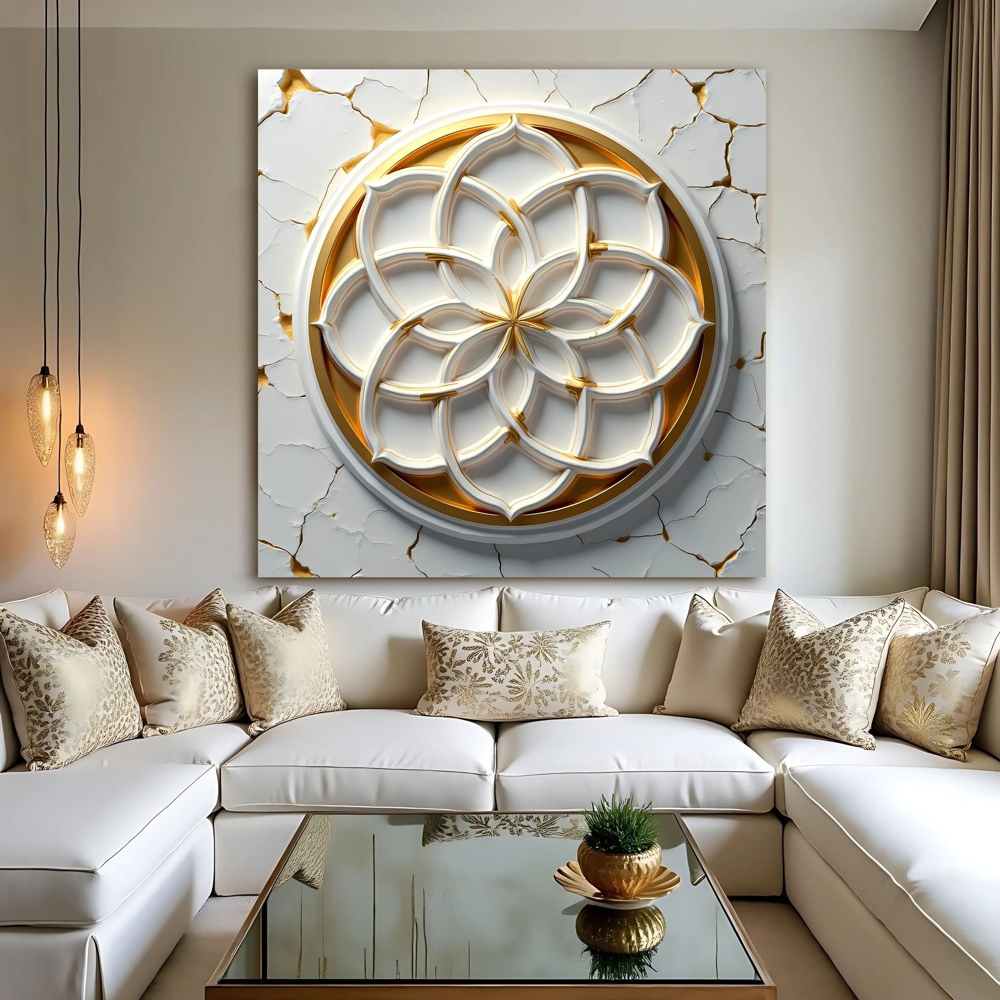 Flower Of Life canvas wall art by Tailored Canvases featuring white and gold 3D relief on marble backdrop on Tampa Home & Garden Store