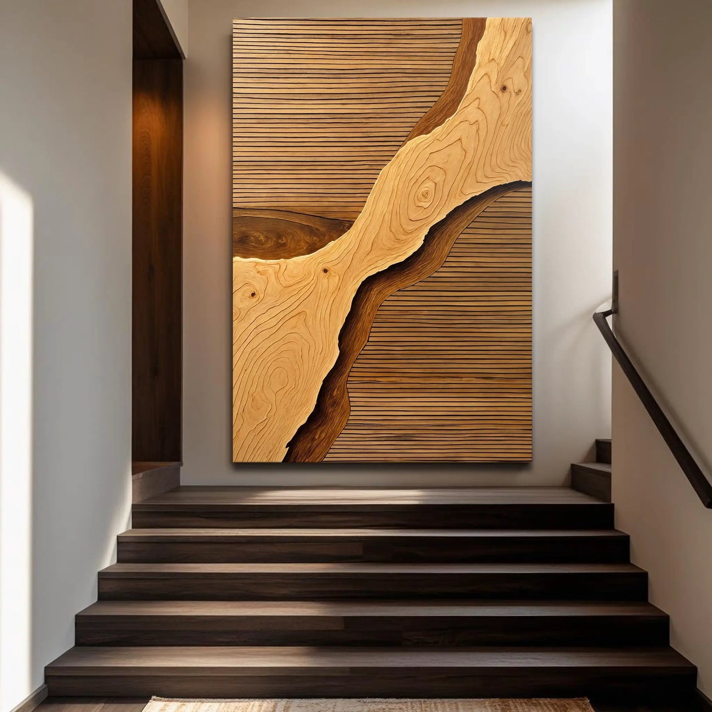 Wood Rift Wall Art canvas with warm wood grain and curved rift motif by Tailored Canvases on Tampa Home & Garden Store