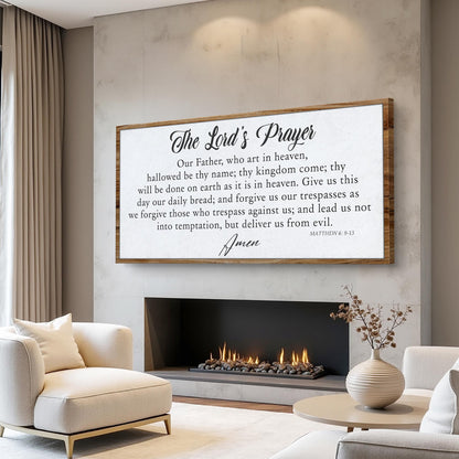 The Lord's Prayer Faith Sign II canvas with wood frame above fireplace on Tampa Home & Garden Store