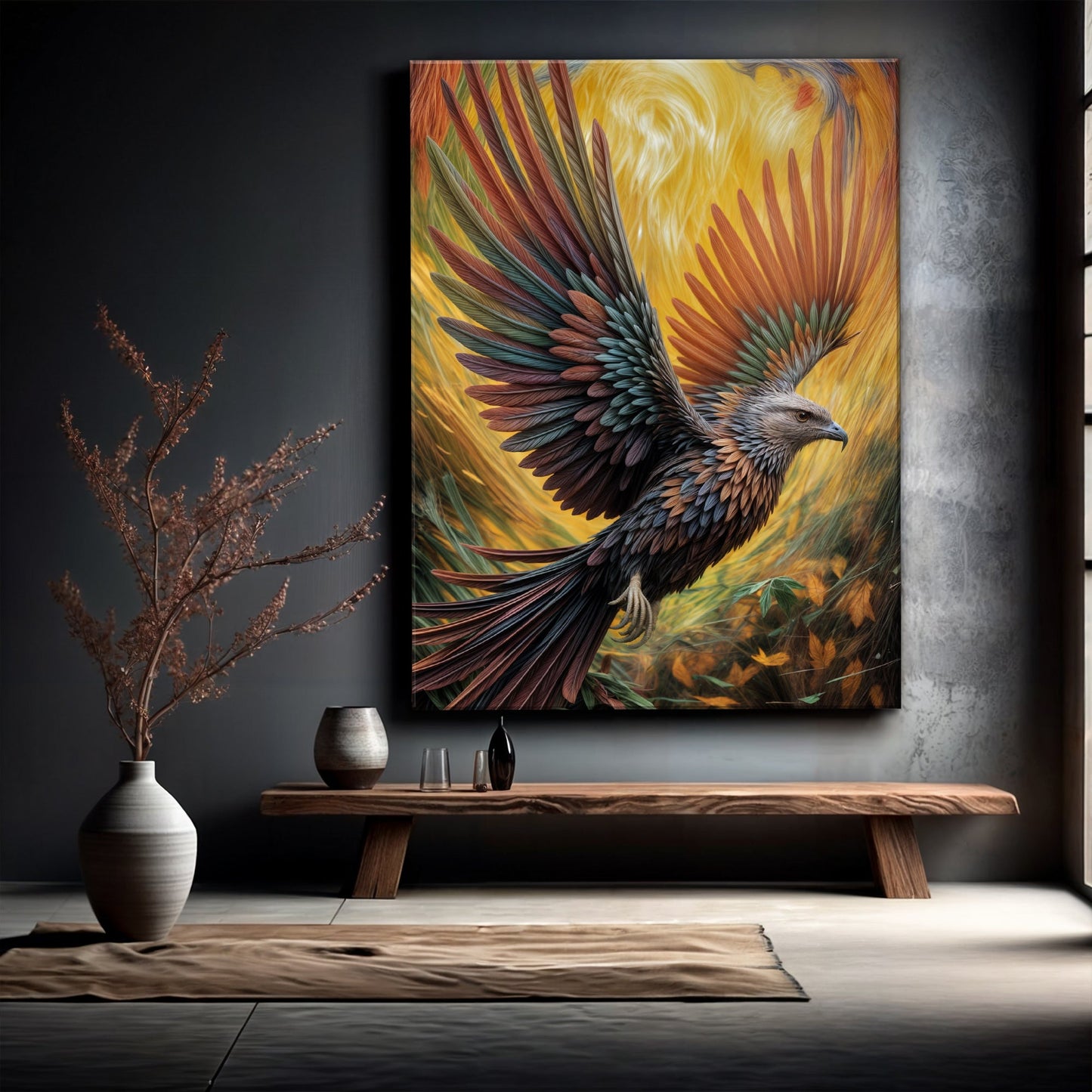 Flight Of Fancy Bird Wall Art canvas with vibrant multicolored wings on a warm yellow background on Tampa Home & Garden Store