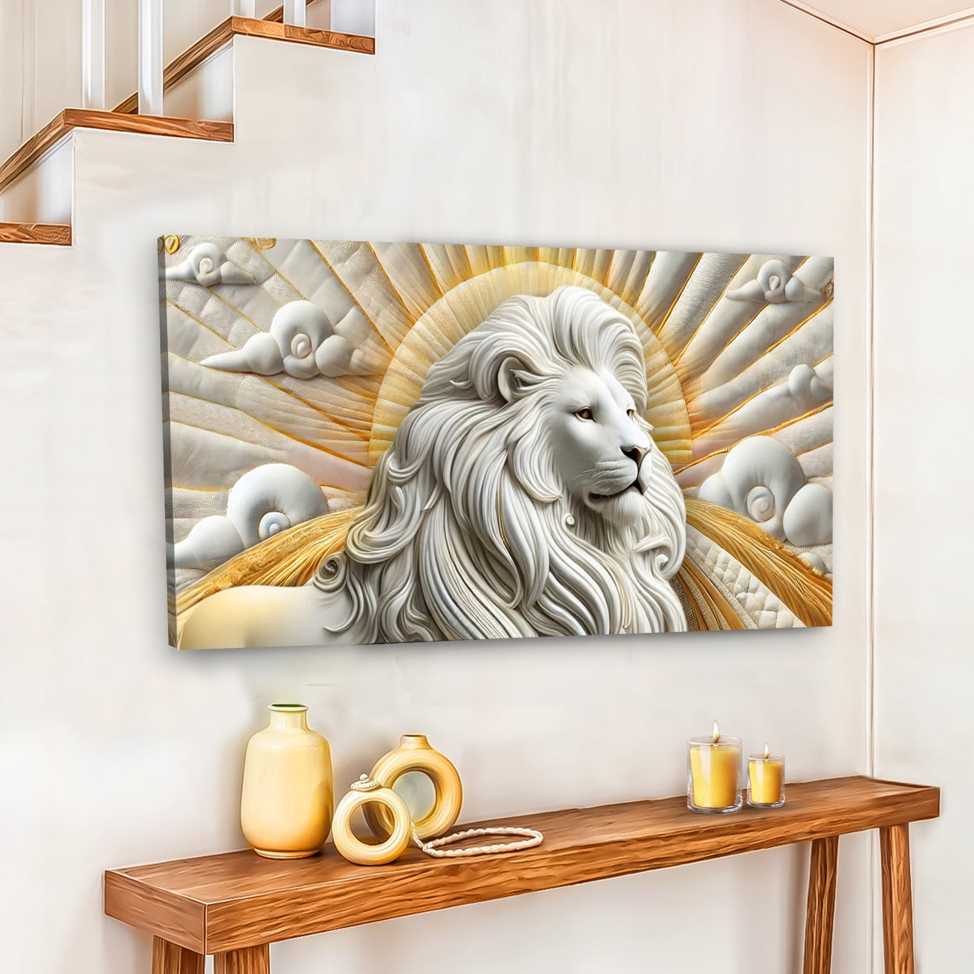 3D Majestic Lion Wall Art III canvas by Tailored Canvases; white lion with golden sunburst on Tampa Home & Garden Store
