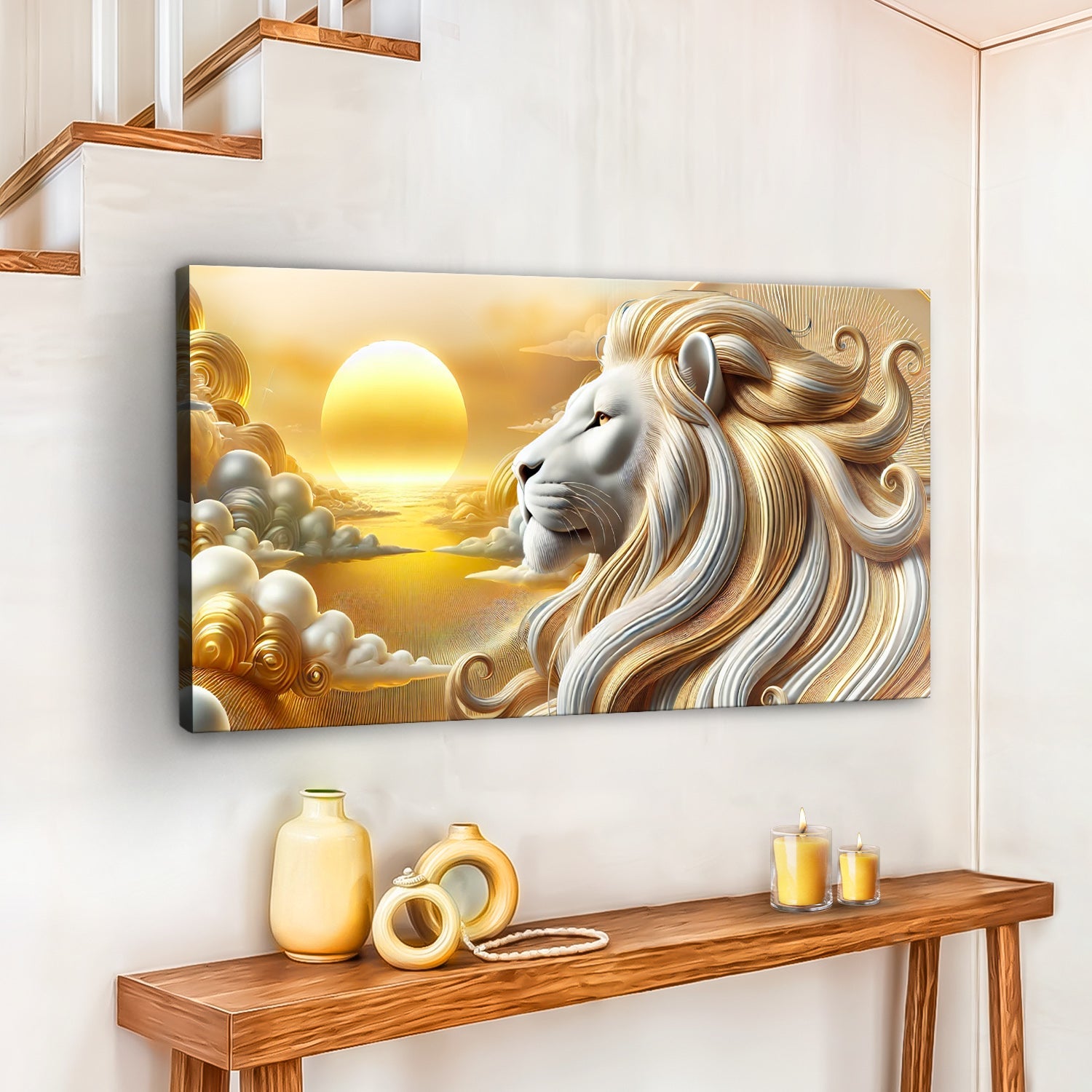 3D Majestic Lion Wall Art V canvas by Tailored Canvases, gold mane with sunset sky on Tampa Home & Garden Store