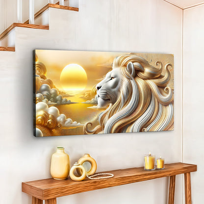 3D Majestic Lion Wall Art V canvas by Tailored Canvases, gold mane with sunset sky on Tampa Home & Garden Store