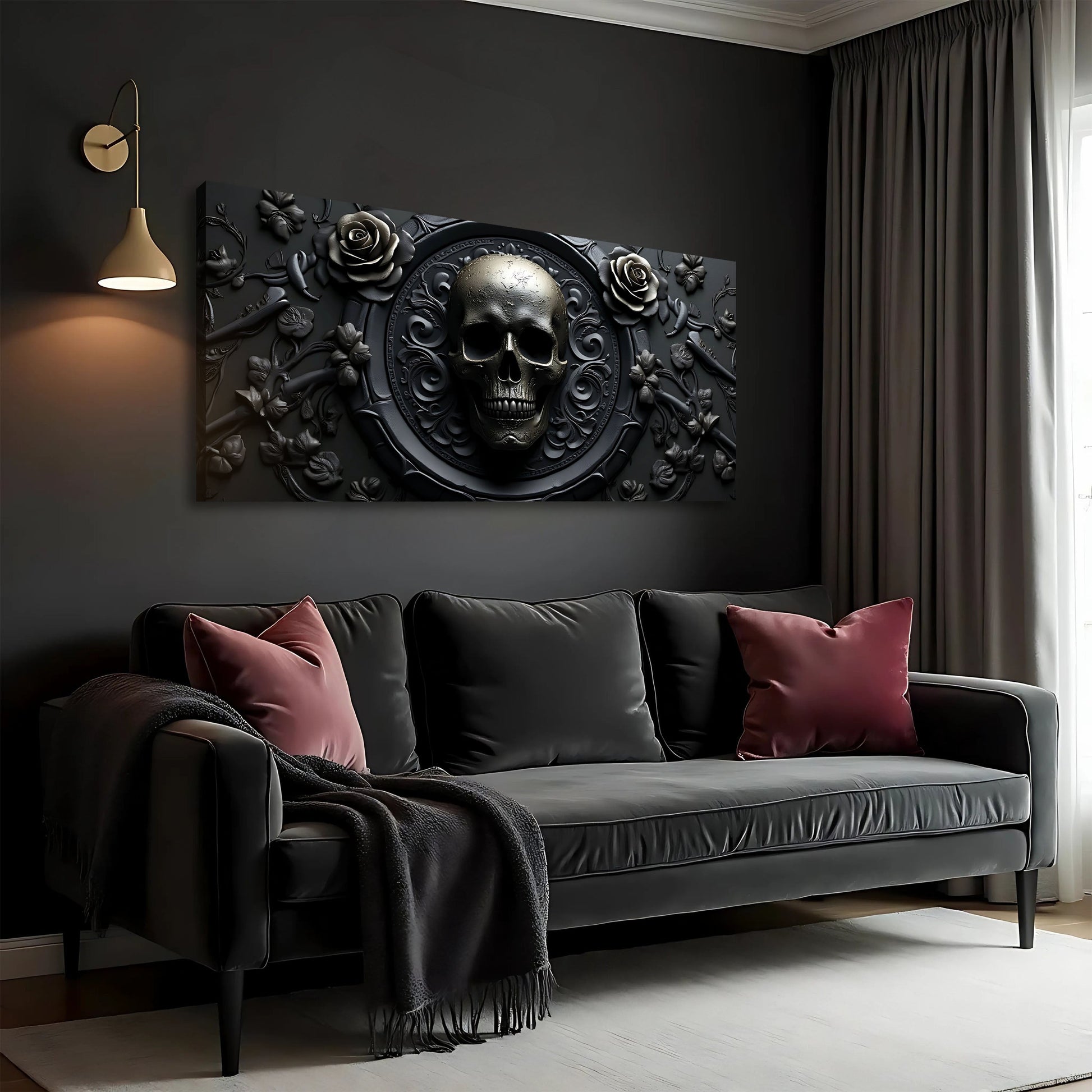 3D Rose and Skull Wall Art VI canvas by Tailored Canvases, grayscale skull with roses on Tampa Home & Garden Store