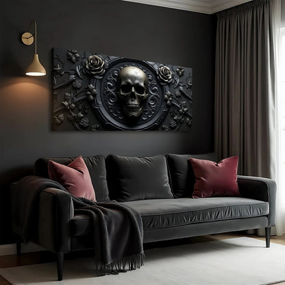3D Rose and Skull Wall Art VI canvas by Tailored Canvases, grayscale skull with roses on Tampa Home & Garden Store