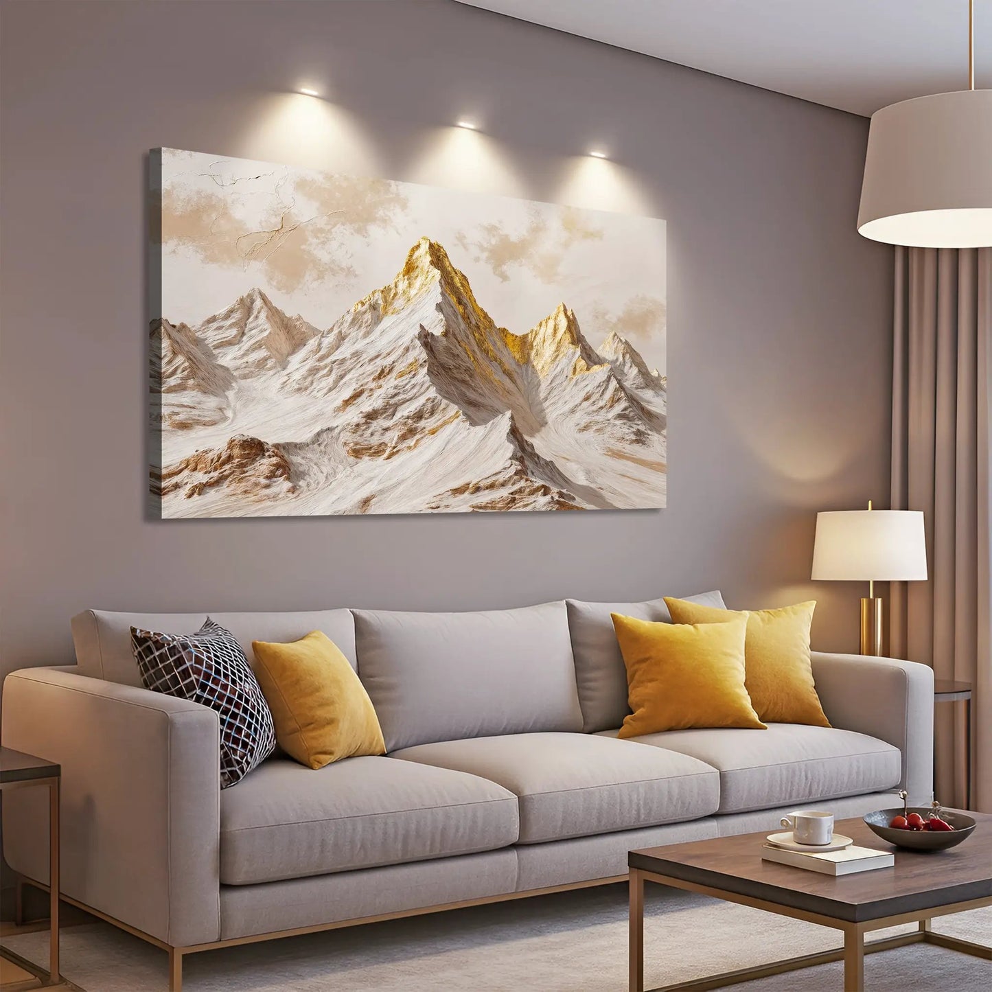 Golden Peaks Wall Art canvas depicting a majestic beige and gold mountain range crafting canvas on Tampa Home & Garden Store