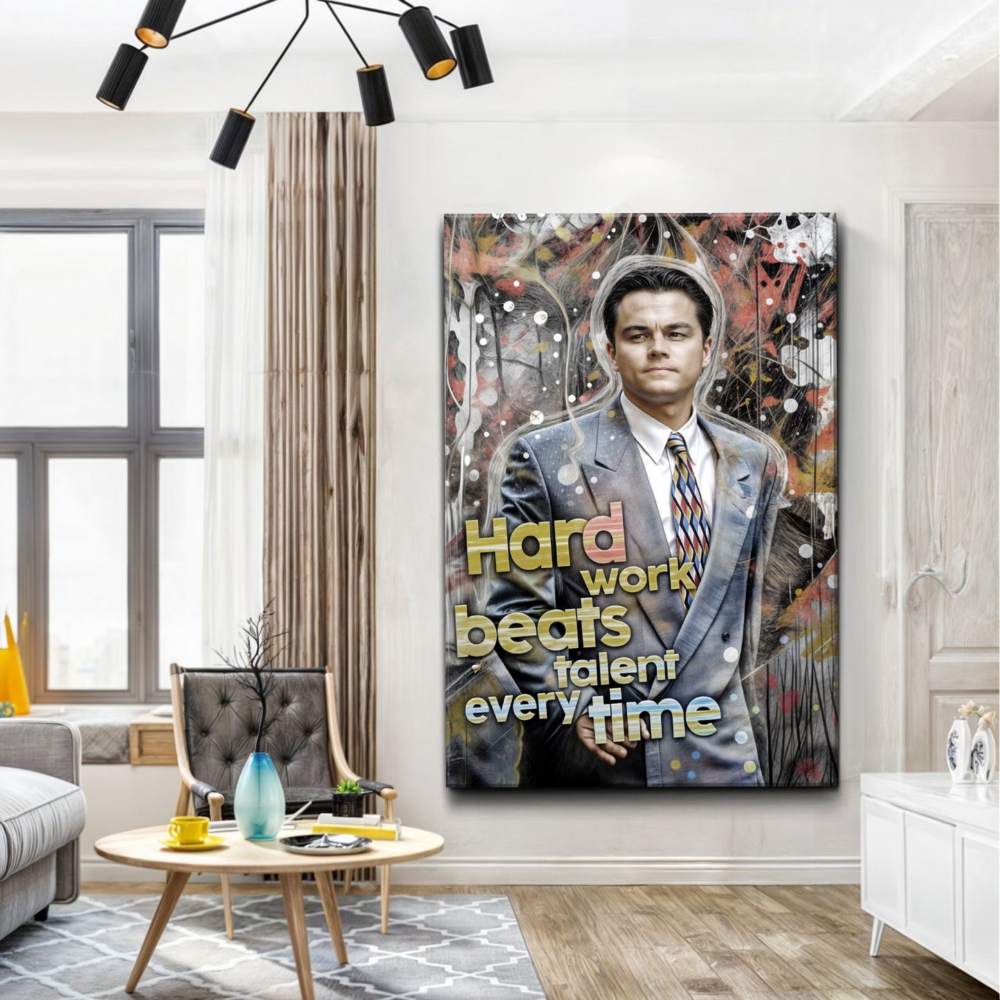 Hard Work Beats Talent Every Time canvas wall art featuring a suited man with splash background on Tampa Home & Garden Store