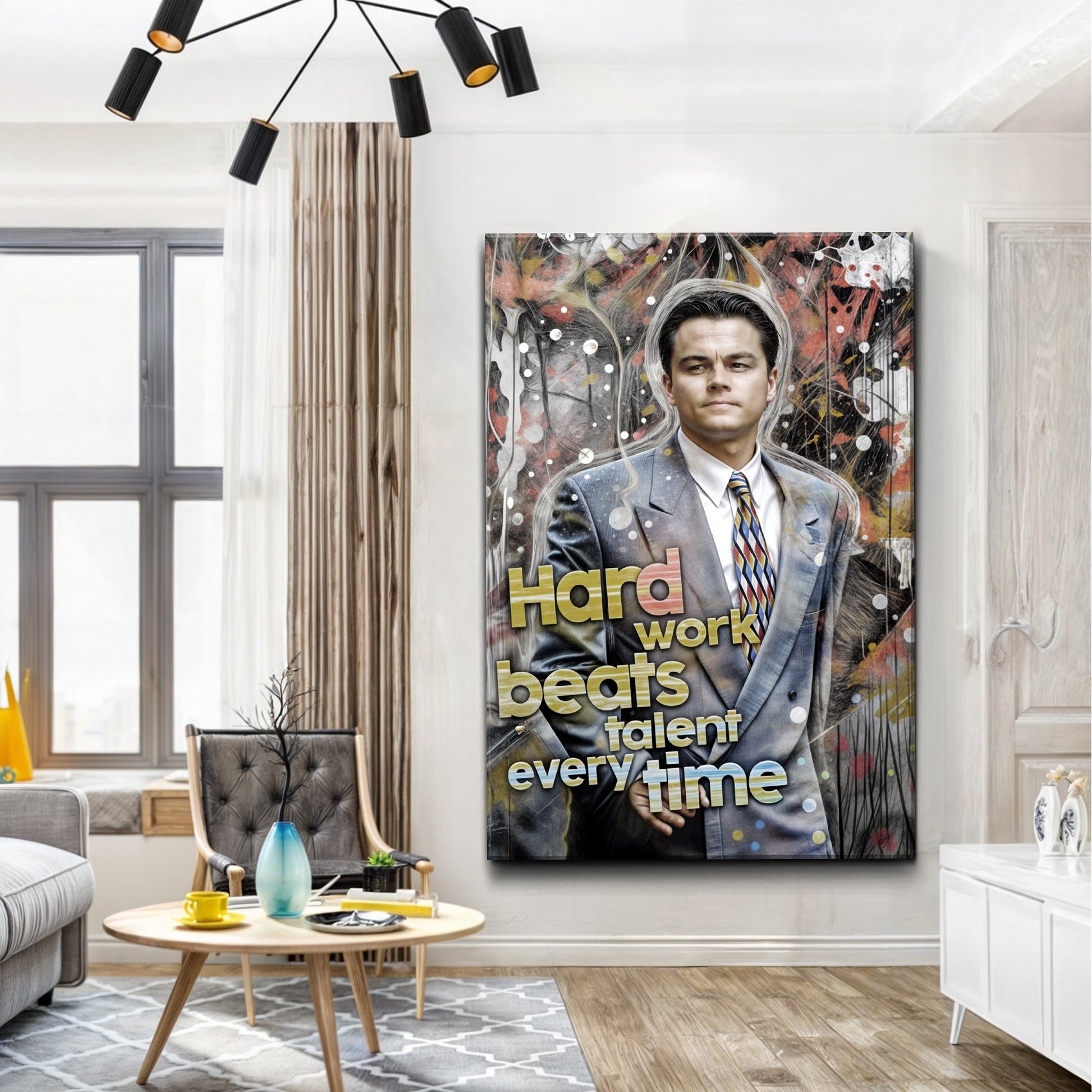 Hard Work Beats Talent Every Time canvas wall art featuring a suited man with splash background on Tampa Home & Garden Store