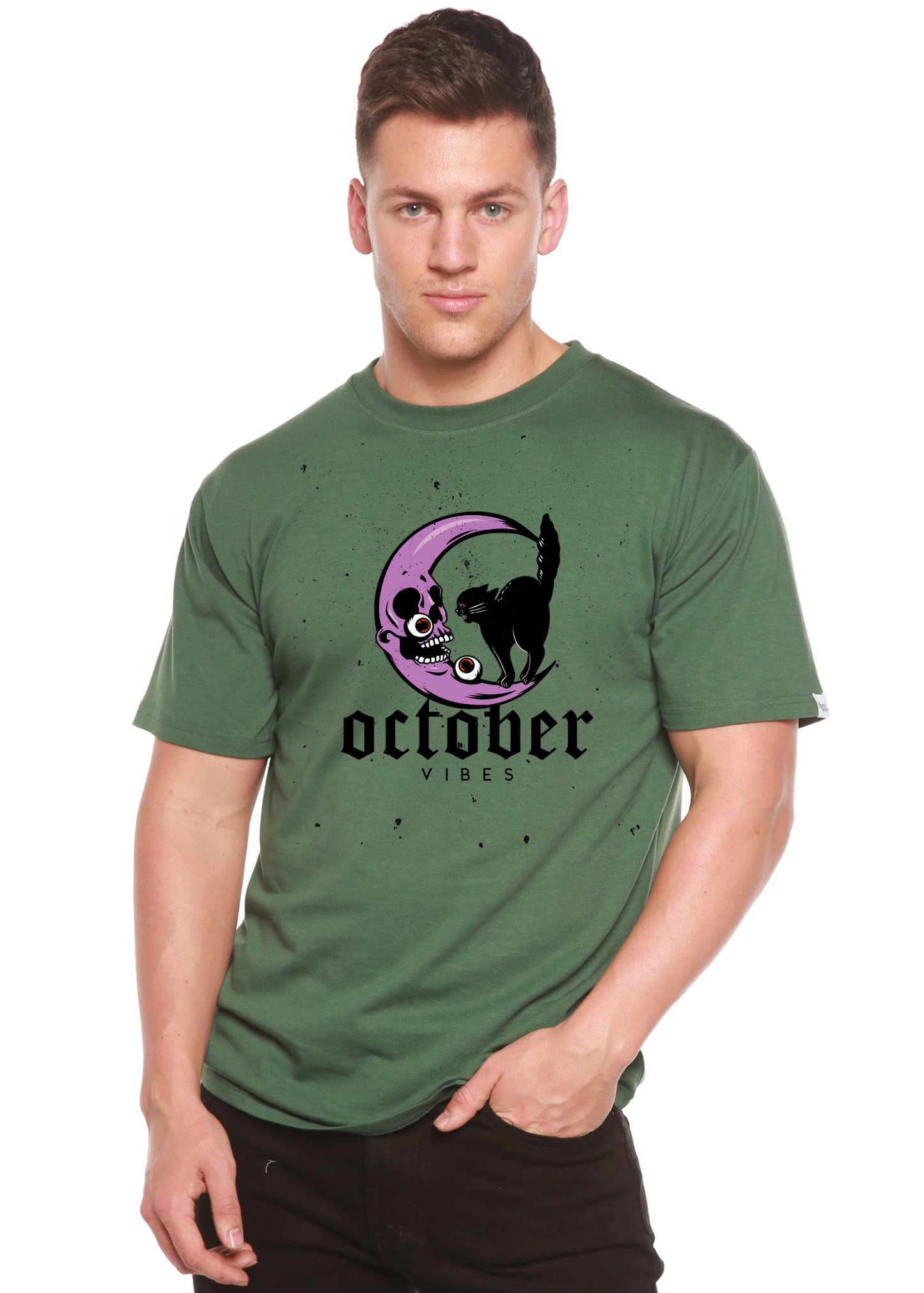 October Vibes men's bamboo graphic tee with purple moon skull and black cat on green on Tampa Home & Garden Store