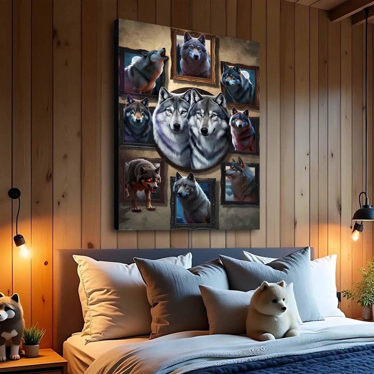 3D Wolf Collage Canvas Wall Art by Tailored Canvases, multi-frame wolf portraits on Tampa Home & Garden Store