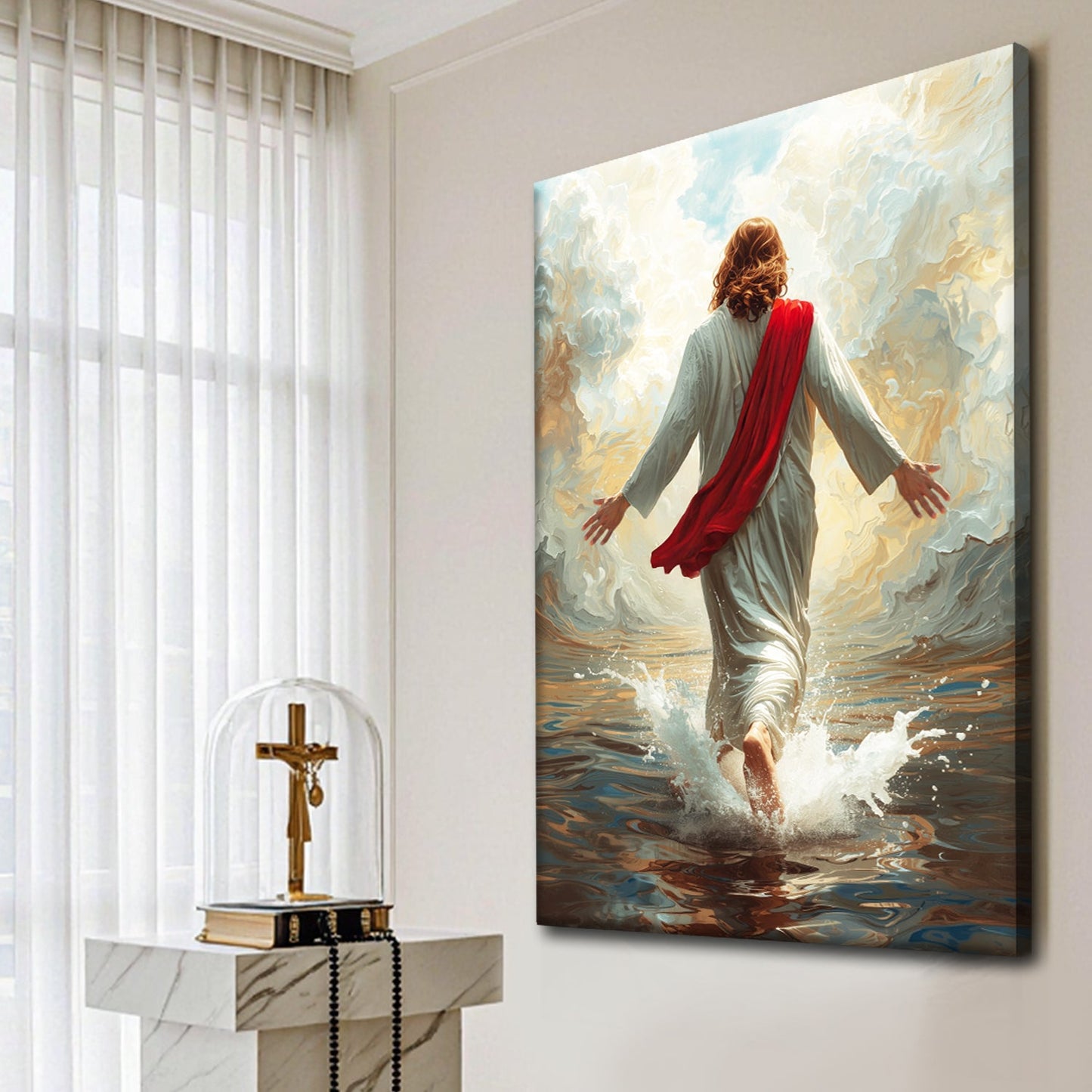Canvas Jesus Christ Walking On Water Faith Wall Art IX with white robe and red sash amid waves on Tampa Home & Garden Store