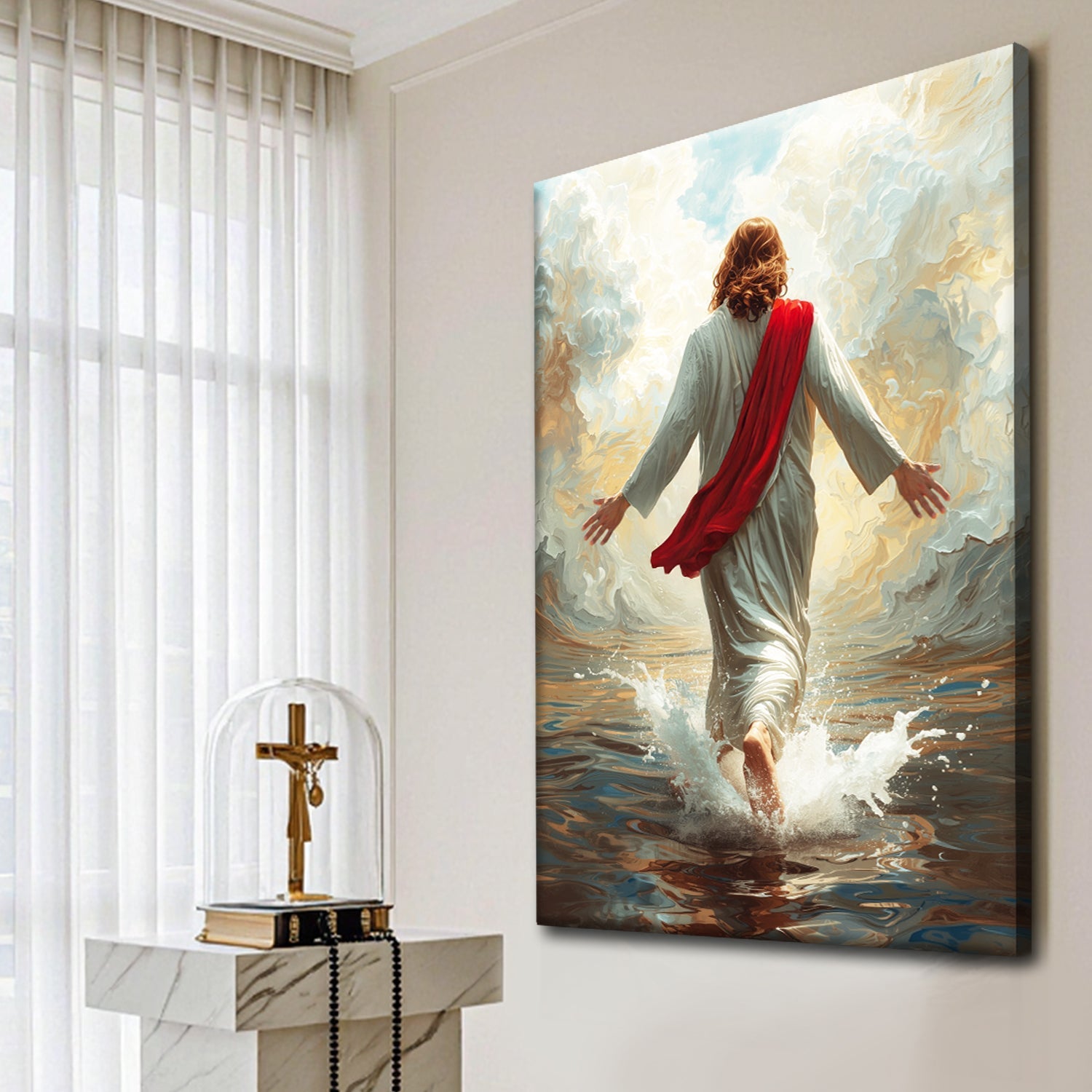 Canvas Jesus Christ Walking On Water Faith Wall Art IX with white robe and red sash amid waves on Tampa Home & Garden Store