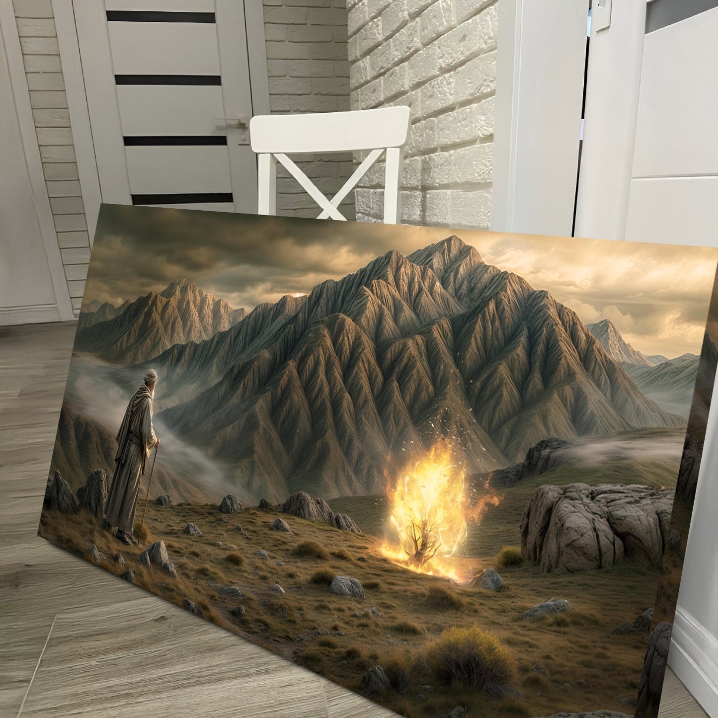 Burning Bush Faith Wall Art canvas; robed figure, glowing bush, jagged mountains at golden hour on Tampa Home & Garden Store