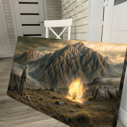 Burning Bush Faith Wall Art canvas; robed figure, glowing bush, jagged mountains at golden hour on Tampa Home & Garden Store