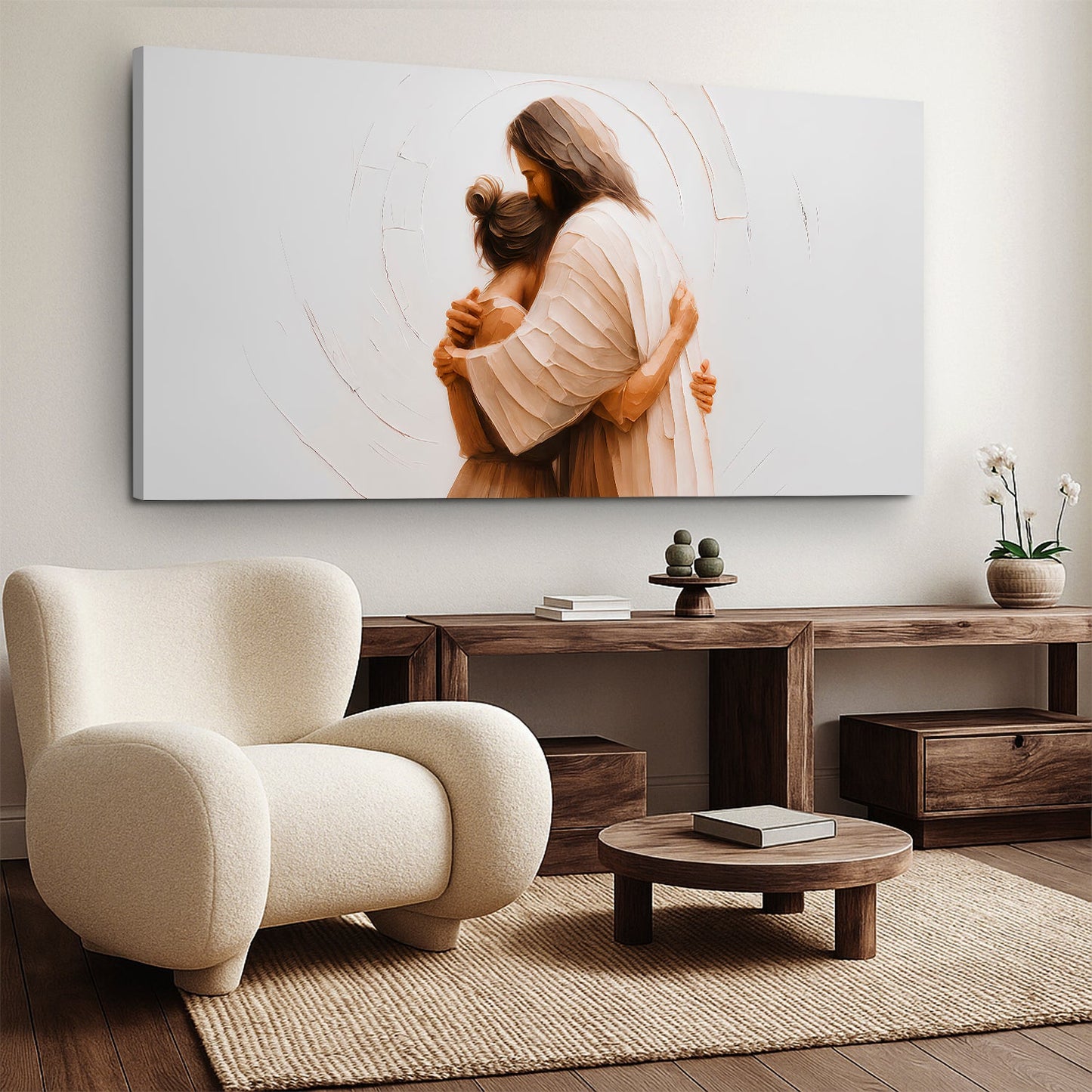 Divine Embrace of Grace Faith Wall Art II canvas by Tailored Canvases, soft peach hug scene on Tampa Home & Garden Store